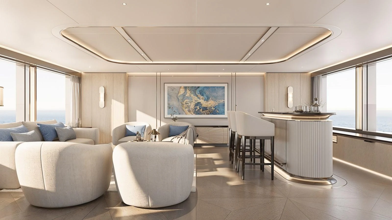 The salon features elegant seating and a stylish bar area with panoramic views. aboard 133 MALLORCA Yacht for Sale