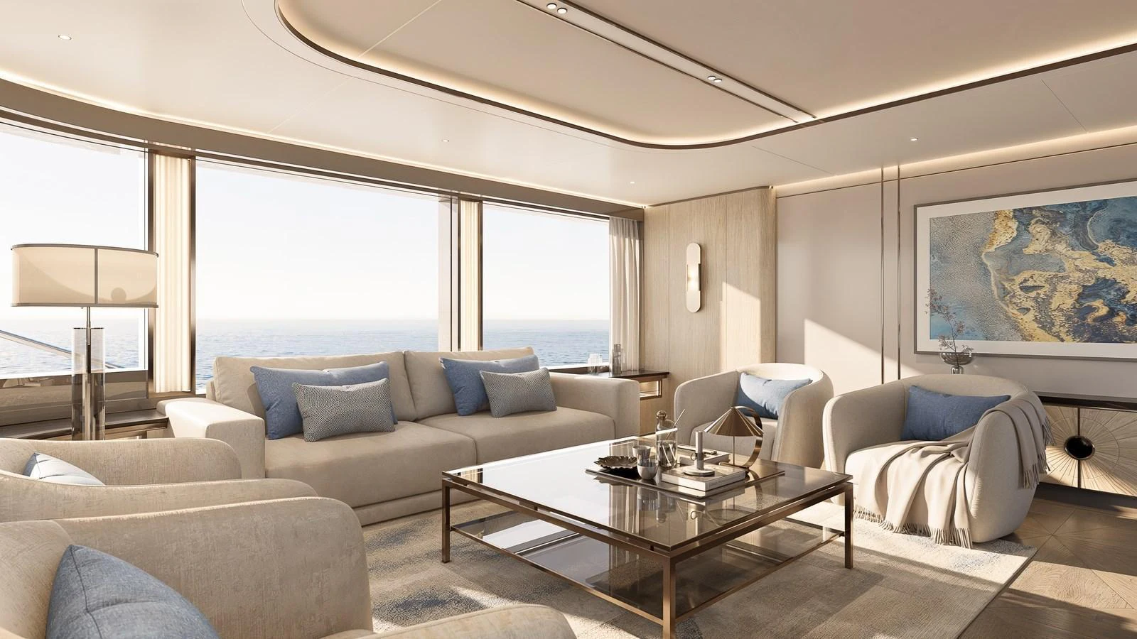 The salon features elegant furnishings with ample natural light and a serene ocean view. aboard 133 MALLORCA Yacht for Sale