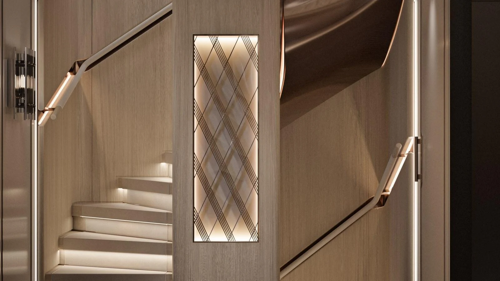 A stylishly illuminated staircase with modern design elements. aboard 133 MALLORCA Yacht for Sale