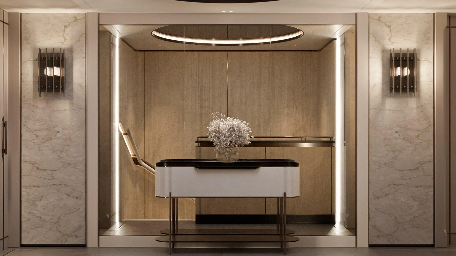 A luxurious interior space featuring elegant lighting and modern decor. aboard 133 MALLORCA Yacht for Sale