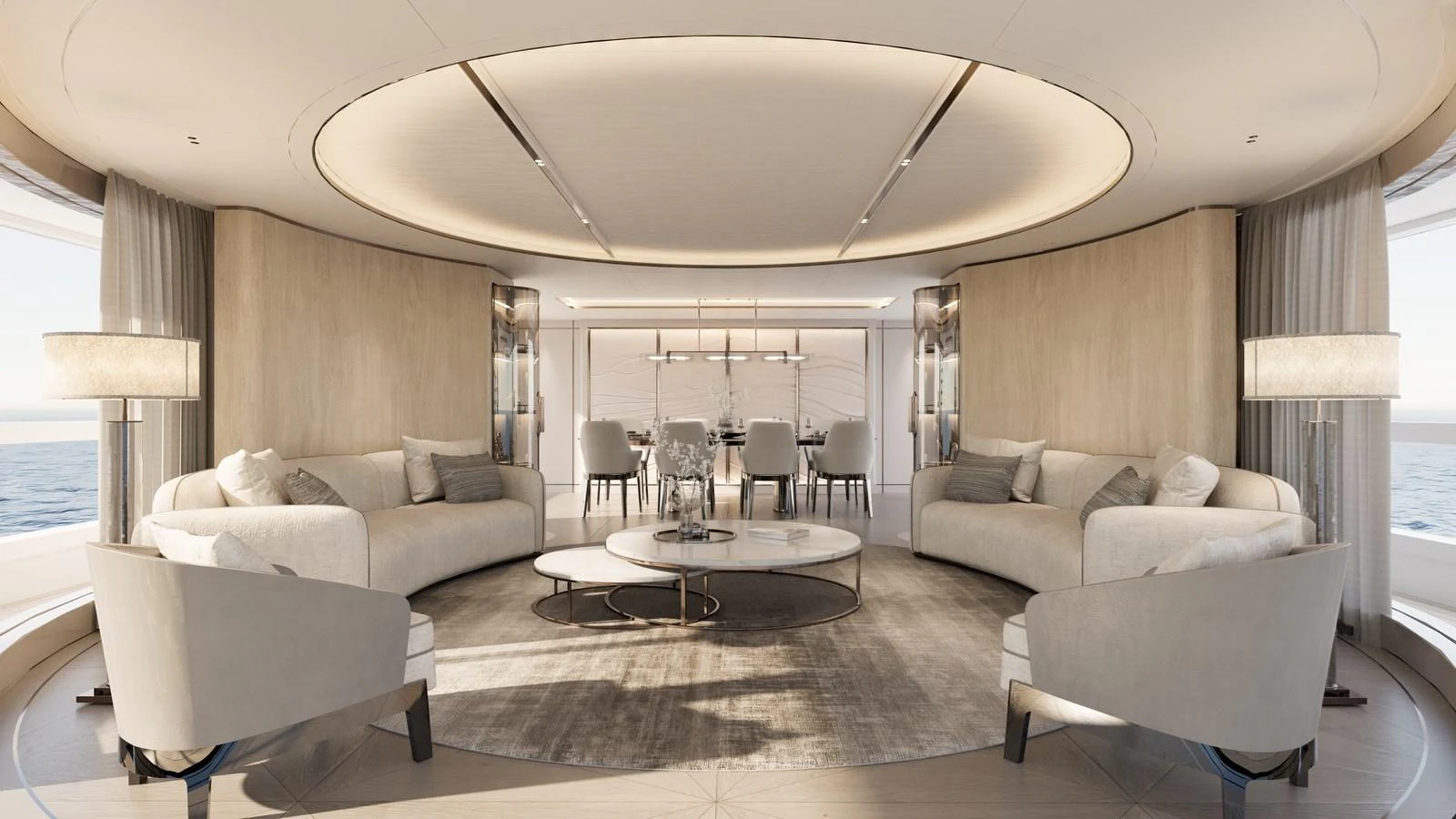 The salon features elegant, contemporary furnishings with ample seating and a sophisticated ambiance. aboard 133 MALLORCA Yacht for Sale
