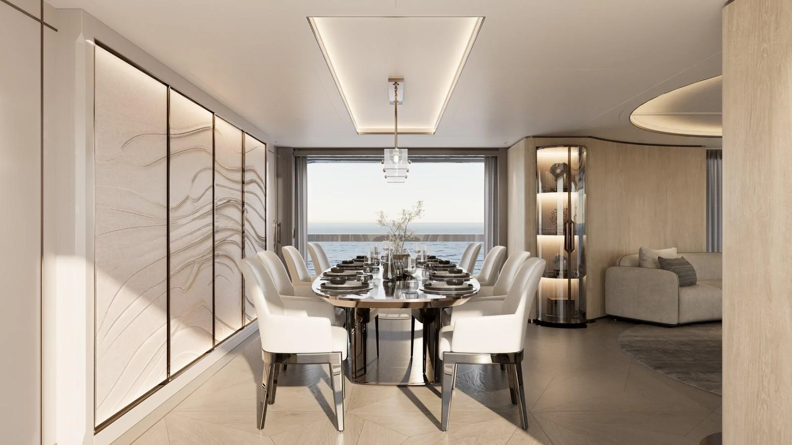 The yacht's dining area features an elegant table set for a formal meal, with a serene ocean view through large windows. aboard 133 MALLORCA Yacht for Sale