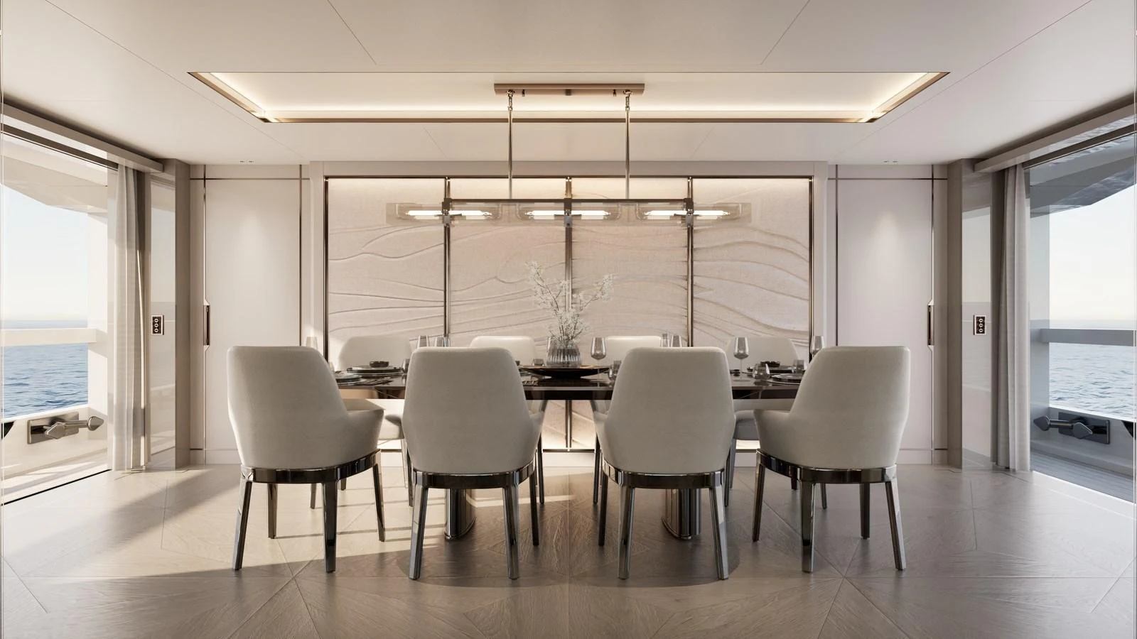 The yacht's dining area features a sophisticated and modern design with elegant seating and a serene ocean view. aboard 133 MALLORCA Yacht for Sale