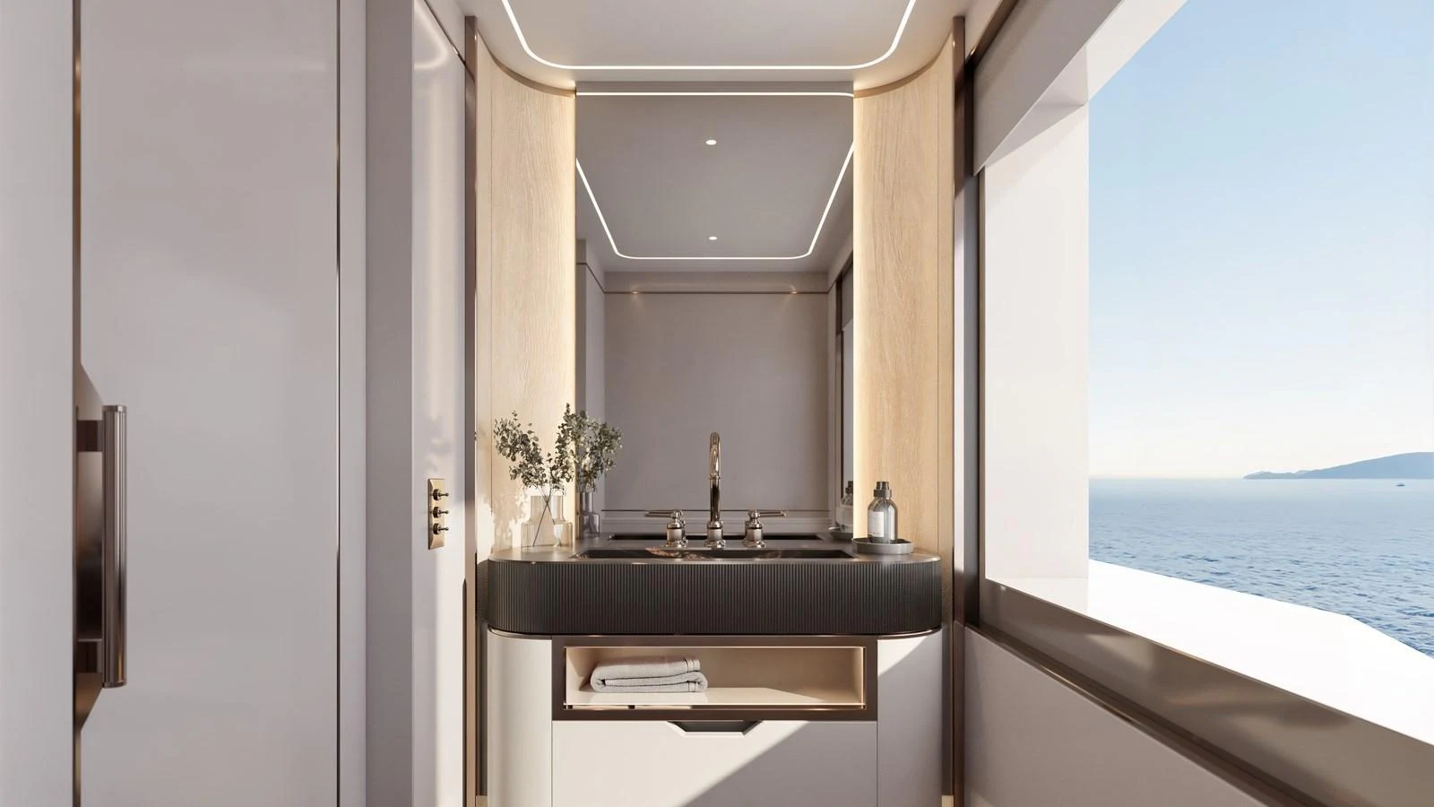 A sleek and modern bathroom with a view of the ocean. aboard 133 MALLORCA Yacht for Sale