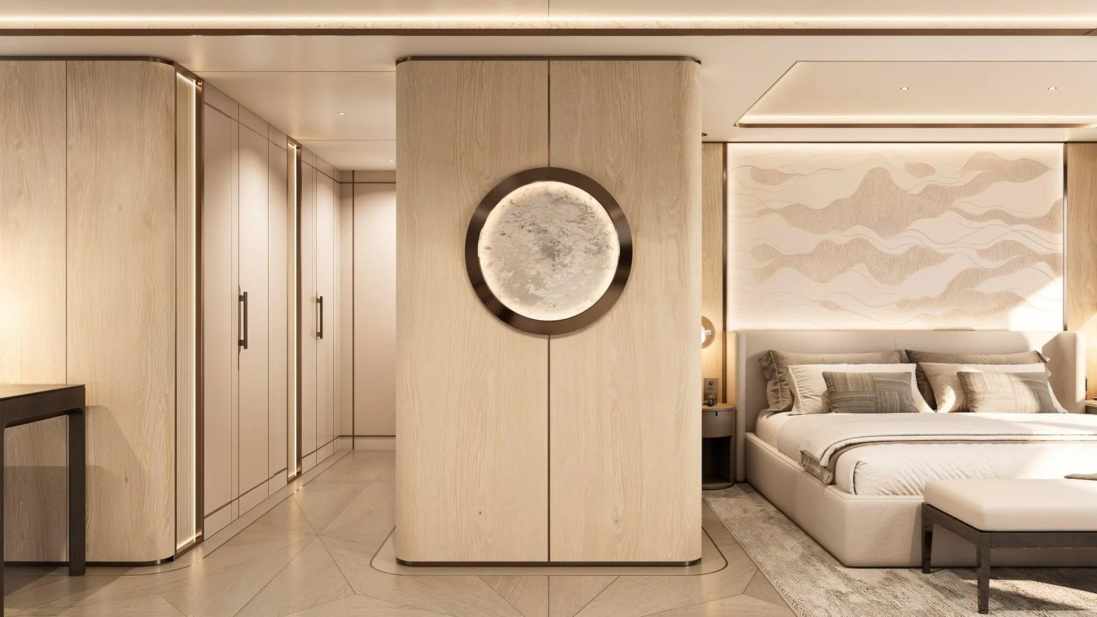 The master stateroom features elegant wood paneling and a luxurious bed with modern decor. aboard 133 MALLORCA Yacht for Sale