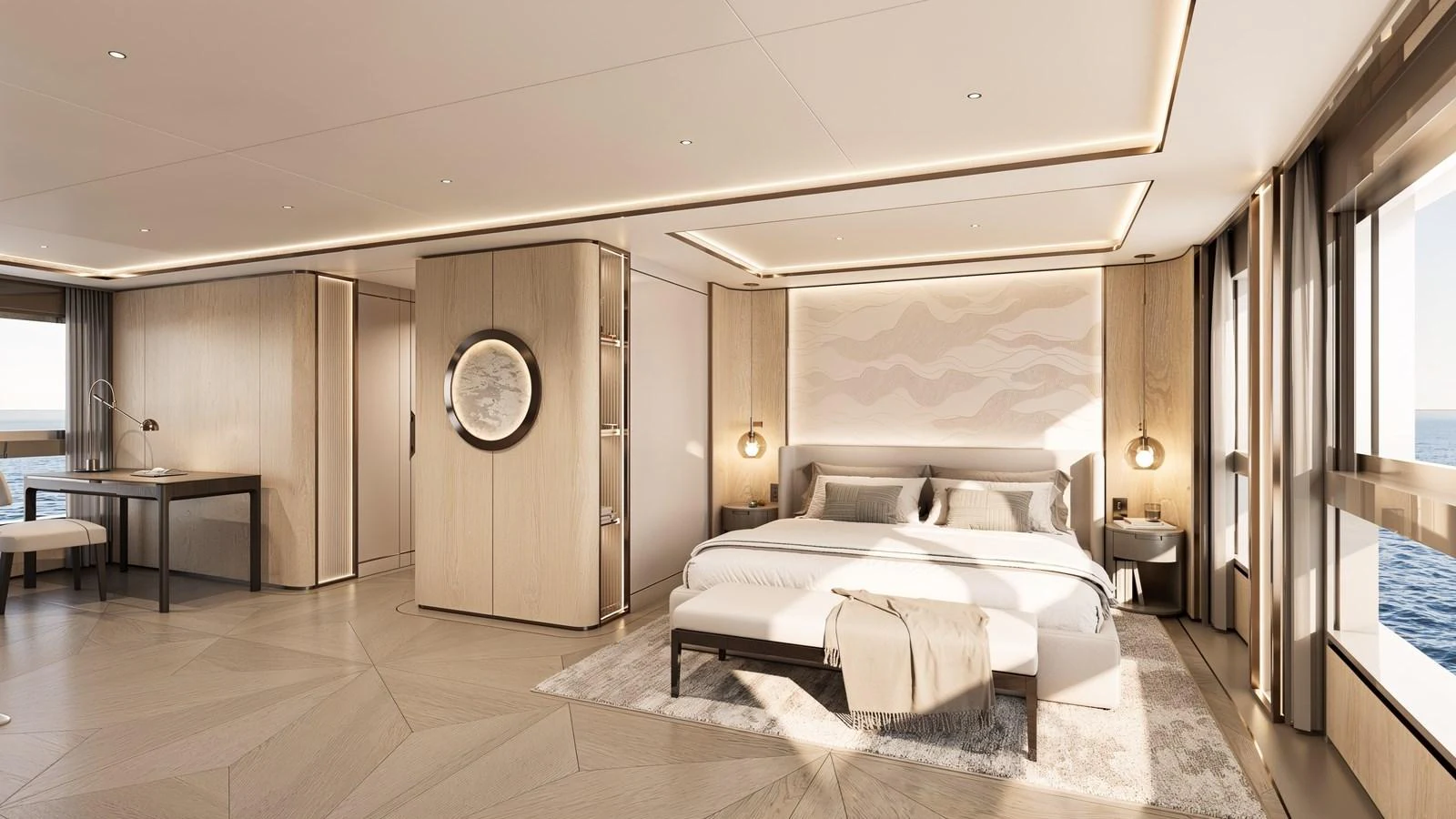 The master stateroom features a spacious and elegantly designed bedroom with large windows offering stunning ocean views. aboard 133 MALLORCA Yacht for Sale