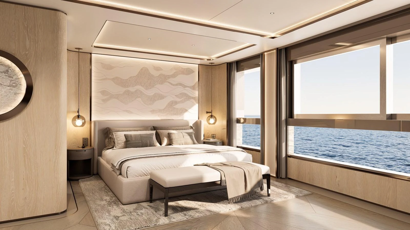 The master stateroom offers a luxurious and serene retreat with panoramic ocean views. aboard 133 MALLORCA Yacht for Sale