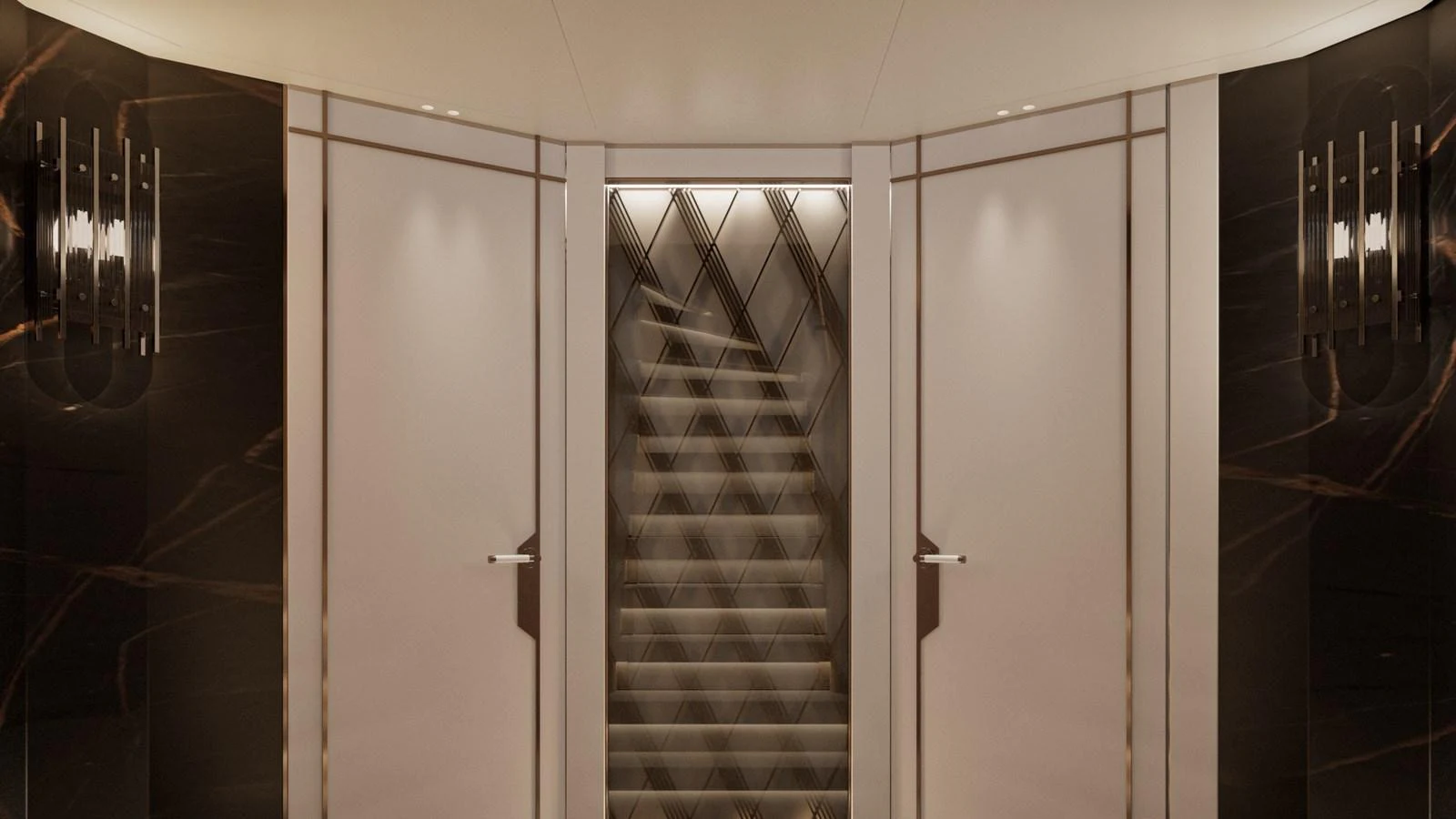 Elegant yacht interior featuring a sophisticated staircase with modern design elements. aboard 133 MALLORCA Yacht for Sale