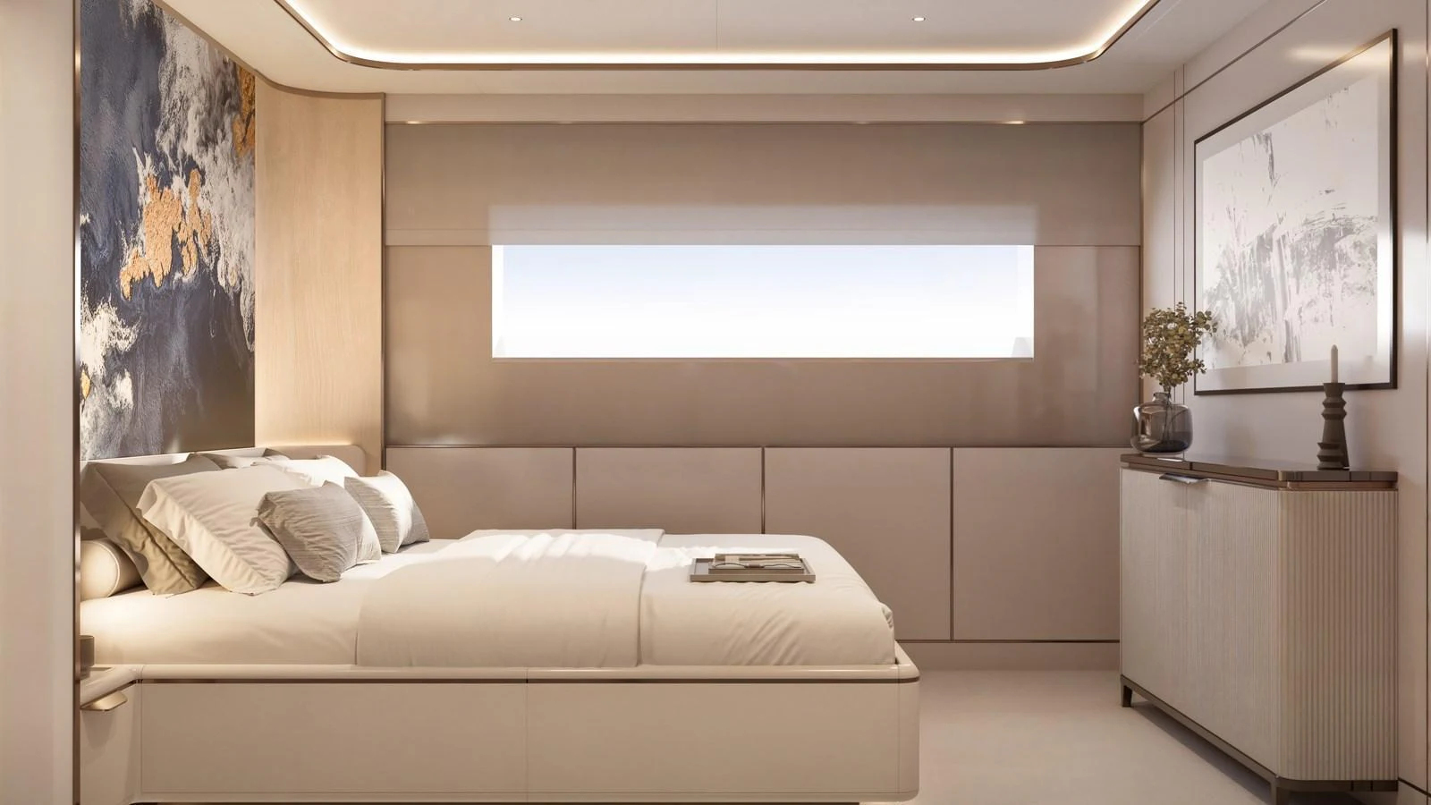 The stateroom features a luxurious bed with modern decor and ample natural light. aboard 133 MALLORCA Yacht for Sale
