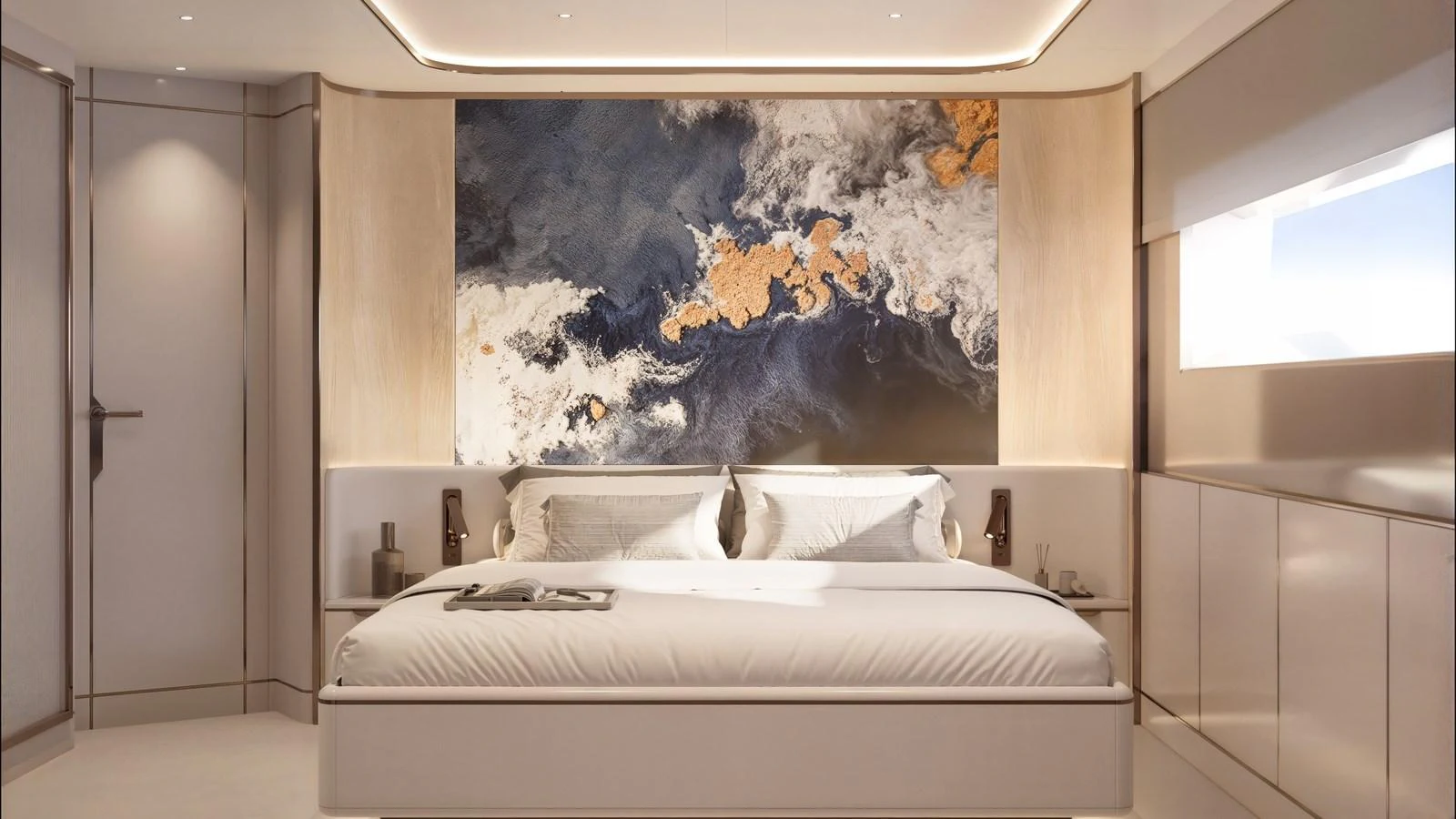 The master stateroom features a luxurious bed with elegant decor and ample natural light. aboard 133 MALLORCA Yacht for Sale