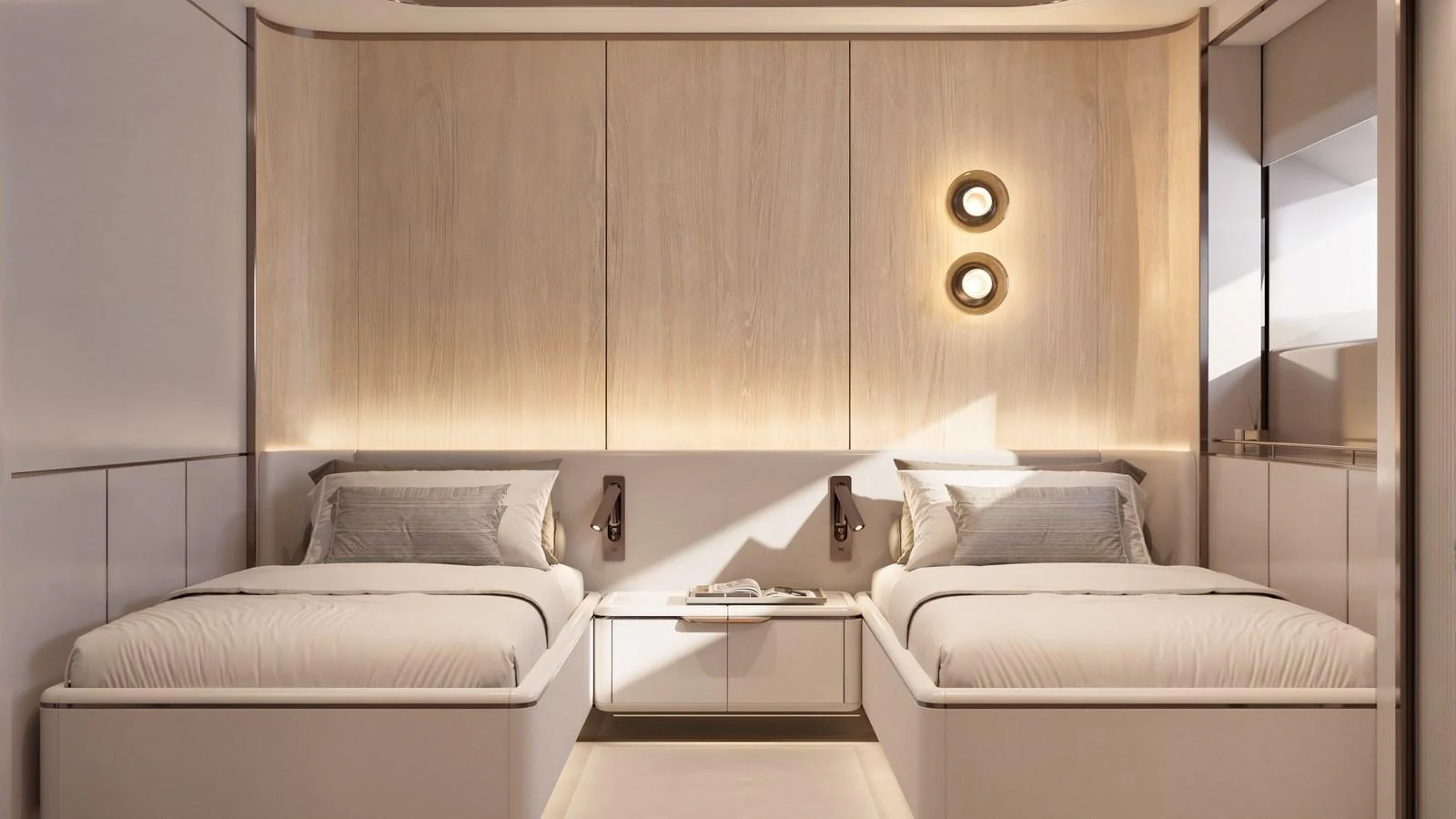 The twin stateroom features two single beds with elegant lighting and modern decor. aboard 133 MALLORCA Yacht for Sale
