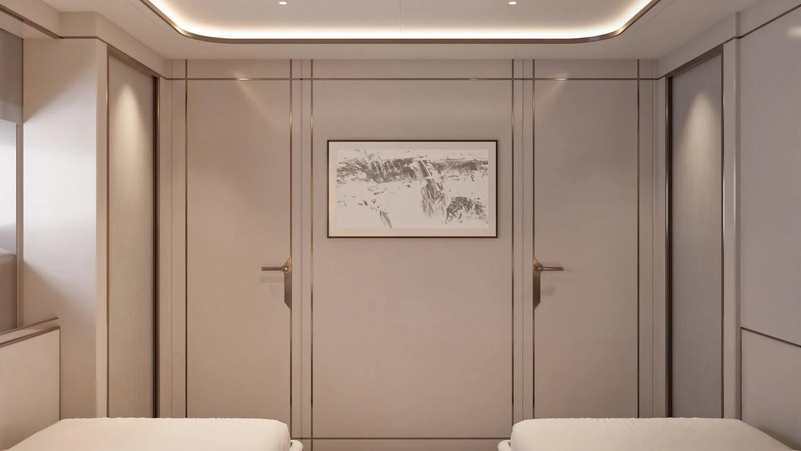 The guest stateroom features twin beds and elegant, minimalist decor. aboard 133 MALLORCA Yacht for Sale