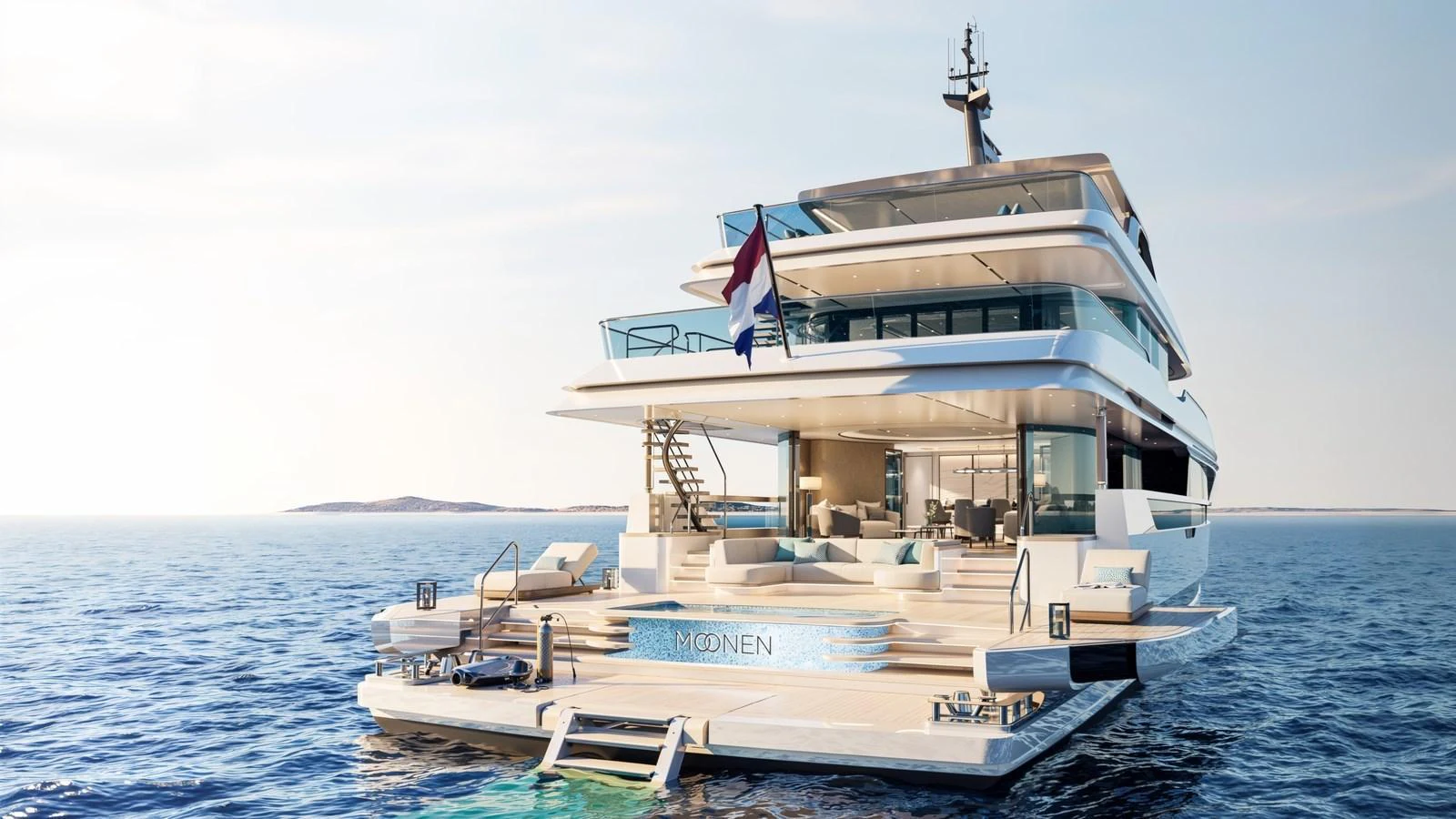 A luxurious yacht with an expansive aft deck featuring multiple lounging areas and direct access to the water. aboard 133 MALLORCA Yacht for Sale