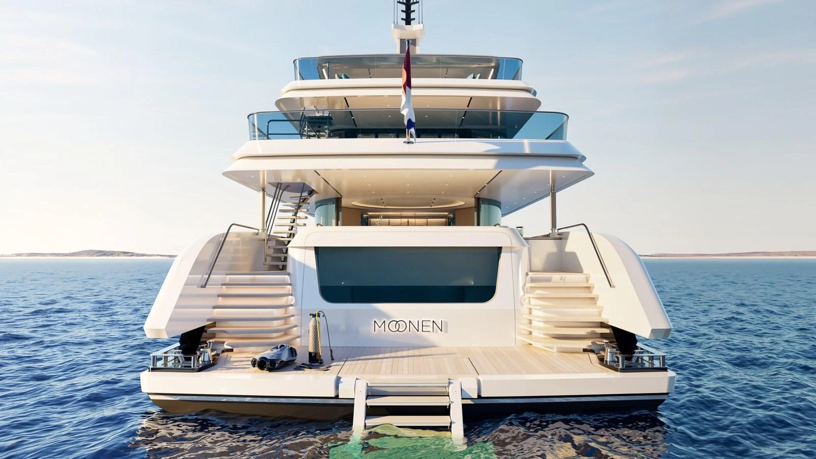 A luxurious yacht with multiple decks is anchored on calm waters, showcasing its elegant design and spacious layout. aboard 133 MALLORCA Yacht for Sale