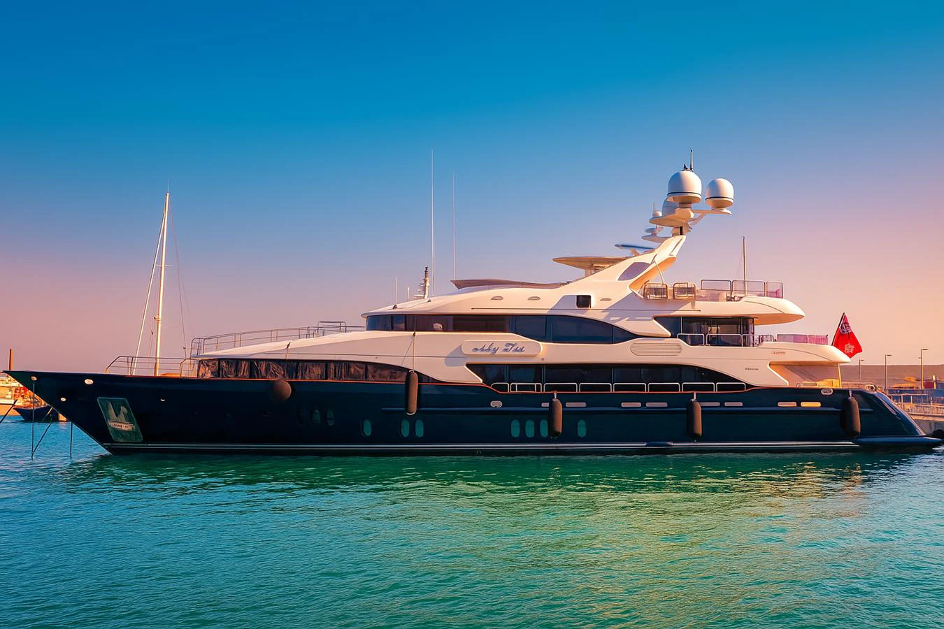 A stunning yacht is docked in calm waters, showcasing its sleek design and luxurious amenities. aboard MY SISA Yacht for Sale