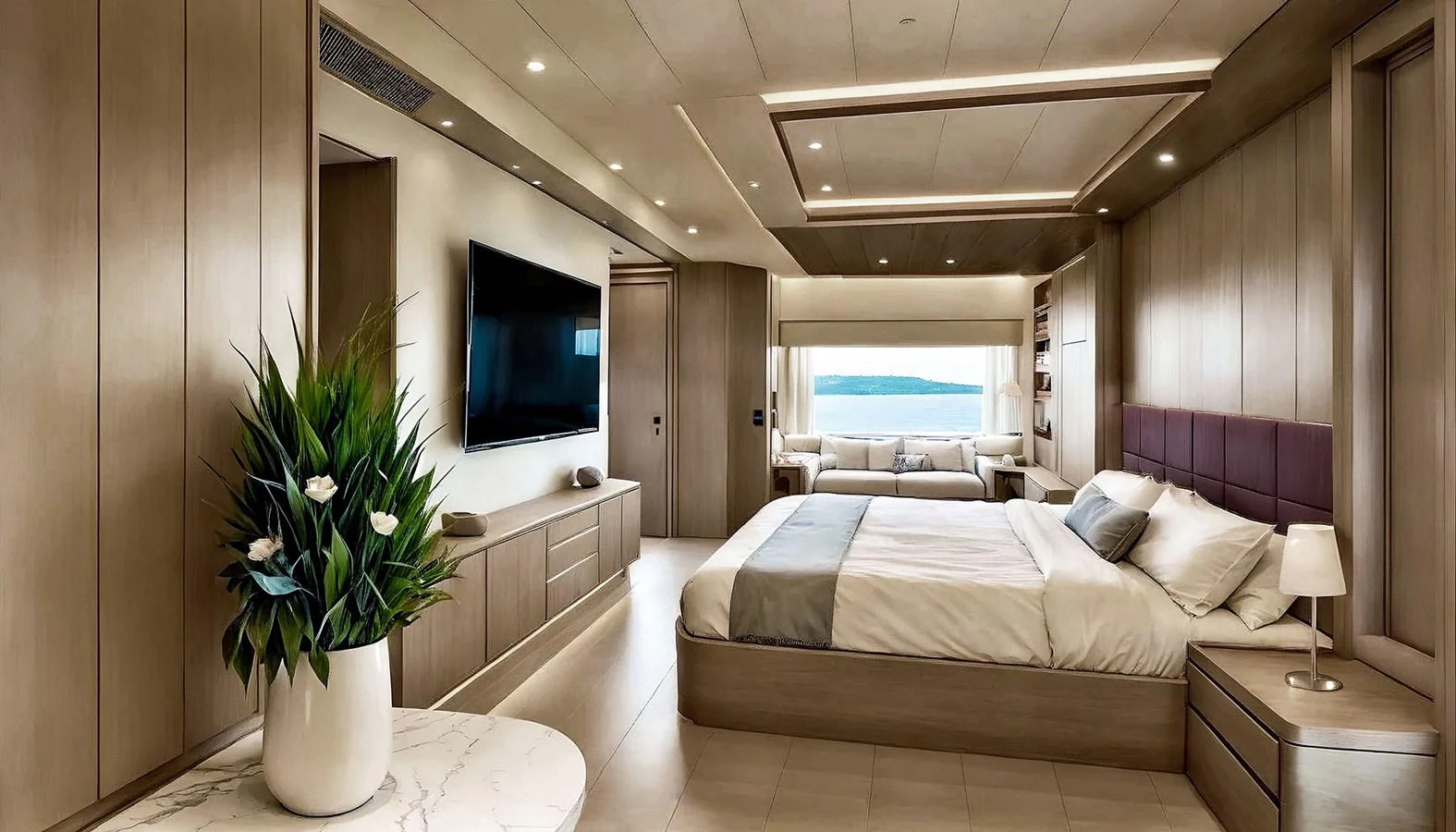 a room with a bed and a television aboard DEIMOS Yacht for Sale