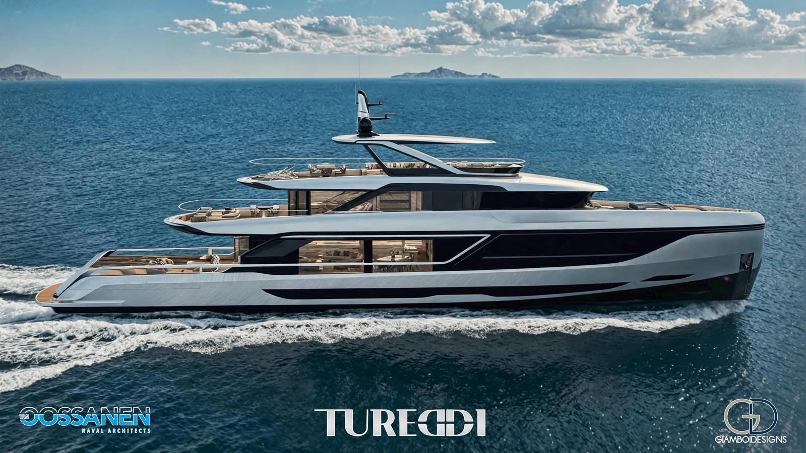 A sleek and modern yacht glides gracefully through the open sea under a clear sky. aboard AZZURRA CUSTOM PLATFORM 36M Yacht for Sale