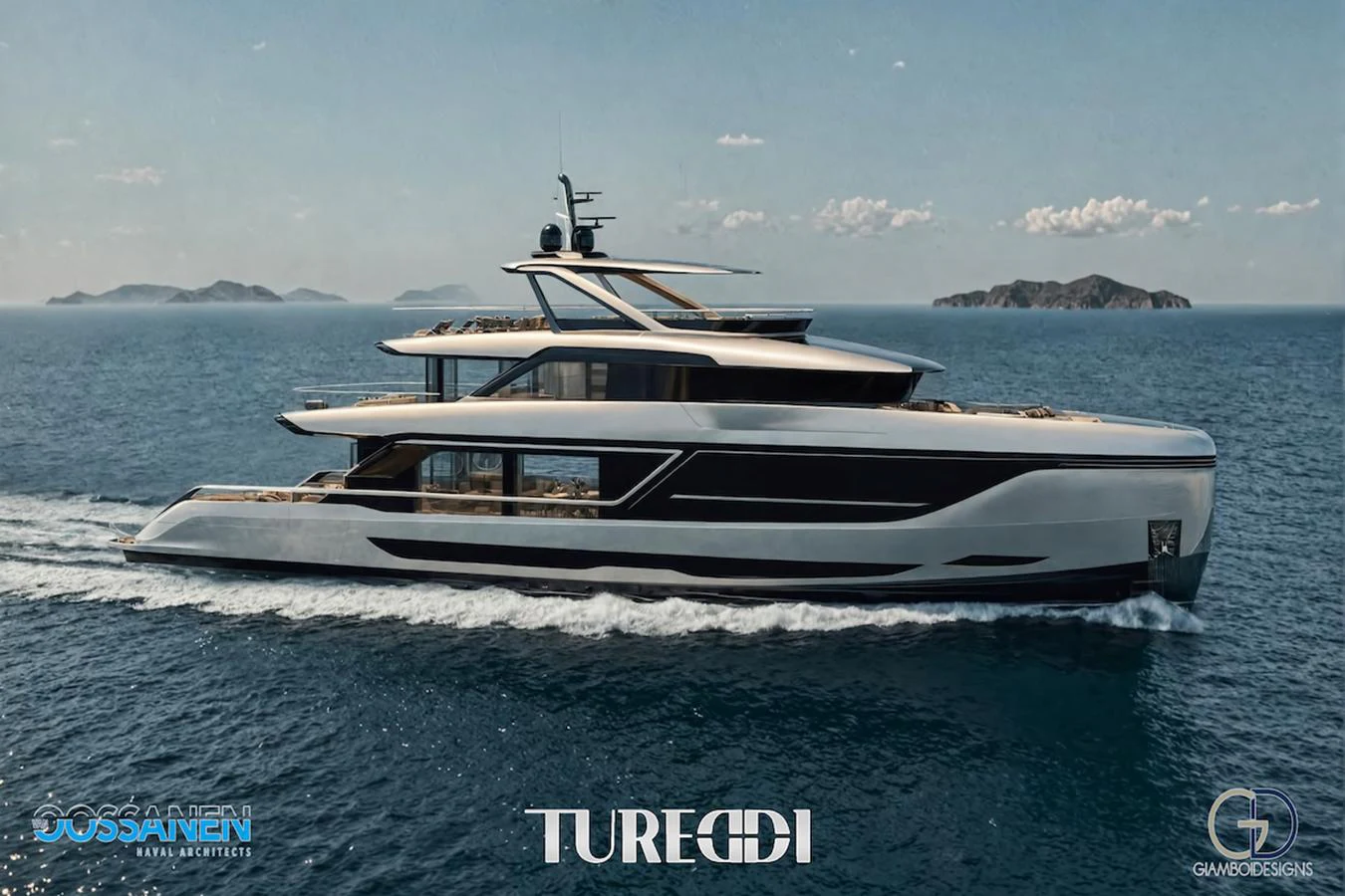 A sleek and modern yacht cruises through the open sea, showcasing its elegant design and spacious decks. aboard AZZURRA CUSTOM PLATFORM 36M Yacht for Sale