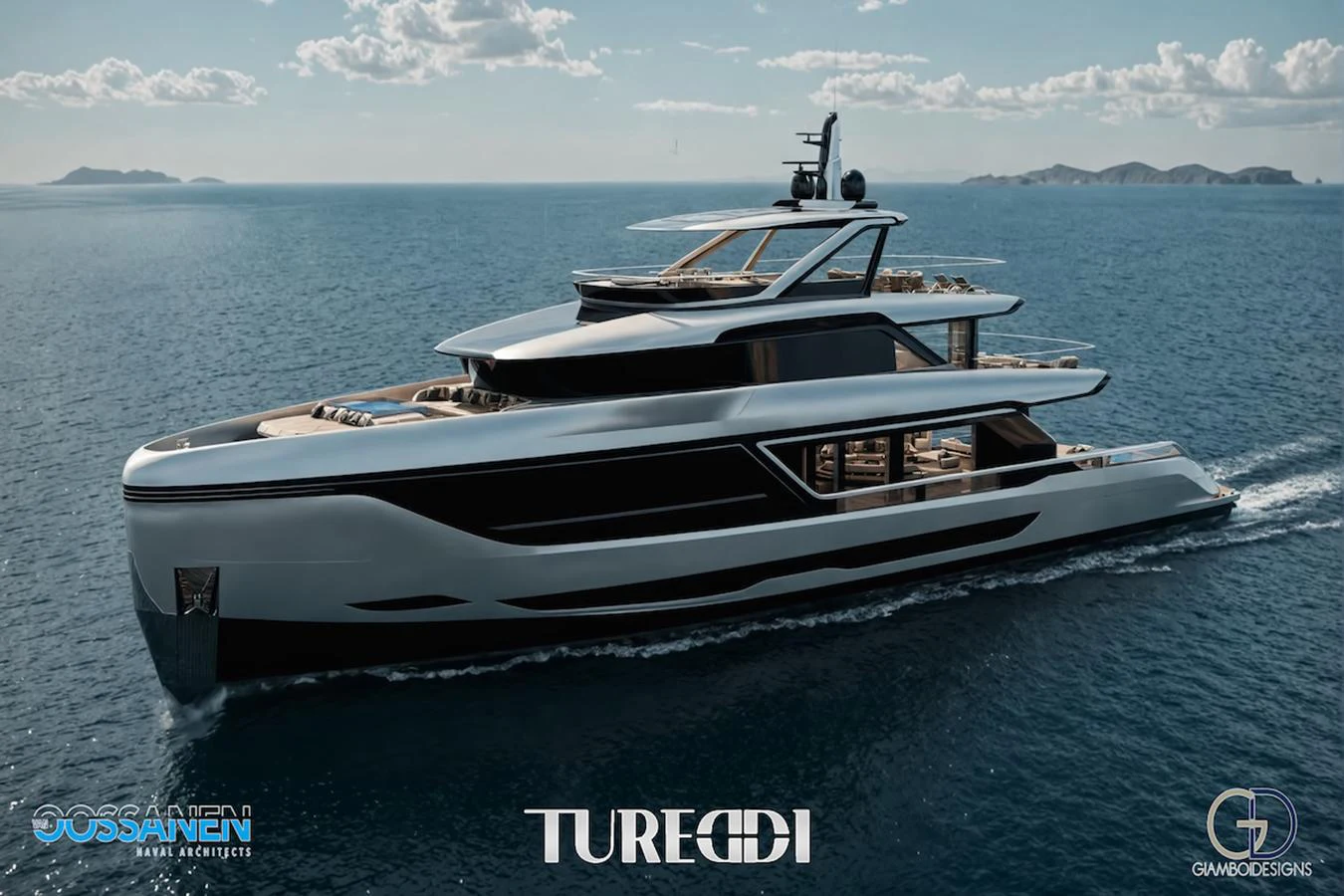 A sleek and modern yacht cruising on calm waters under a clear sky. aboard AZZURRA CUSTOM PLATFORM 36M Yacht for Sale