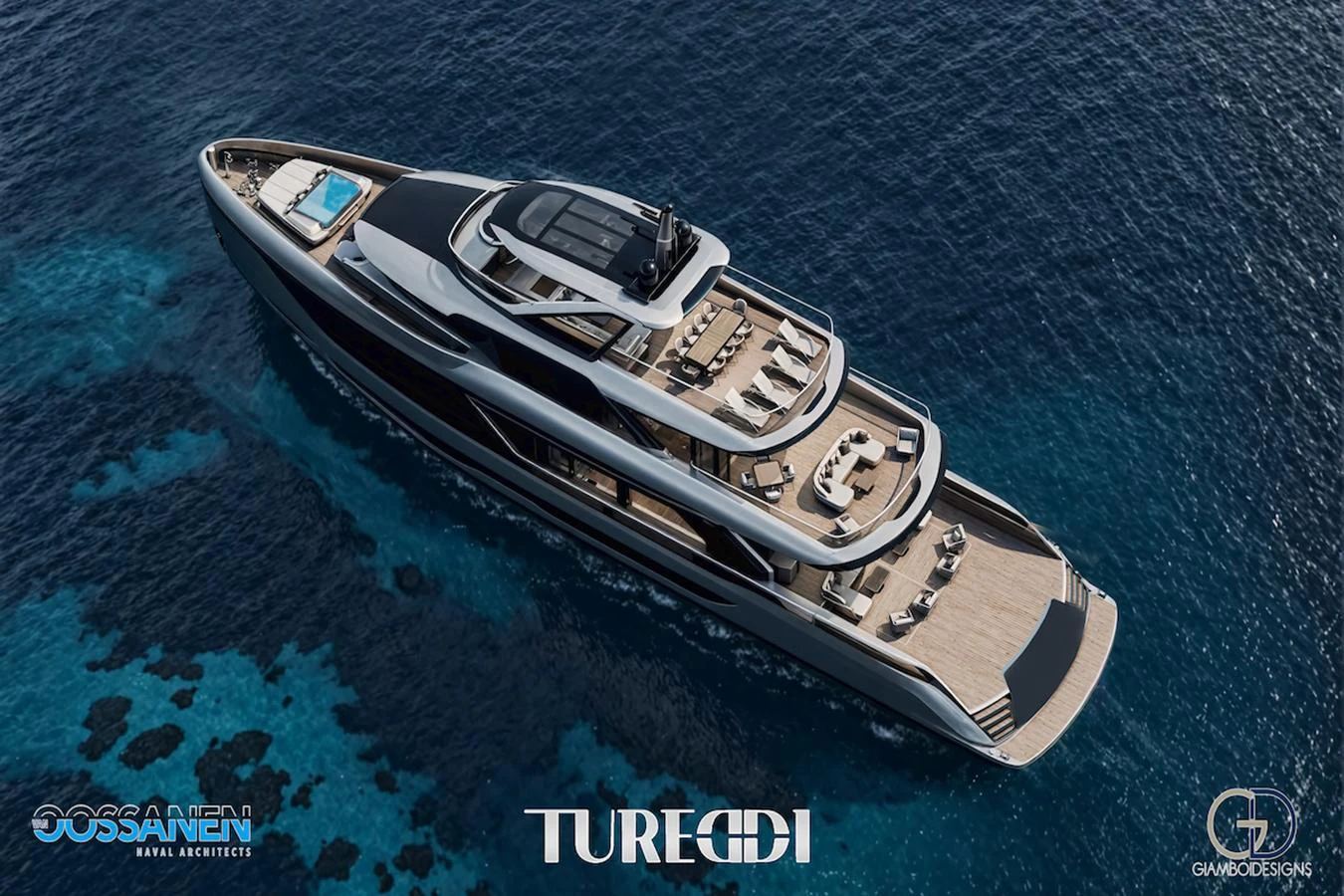 A sleek and modern yacht cruising over clear blue waters, showcasing multiple decks and luxurious amenities. aboard AZZURRA CUSTOM PLATFORM 36M Yacht for Sale