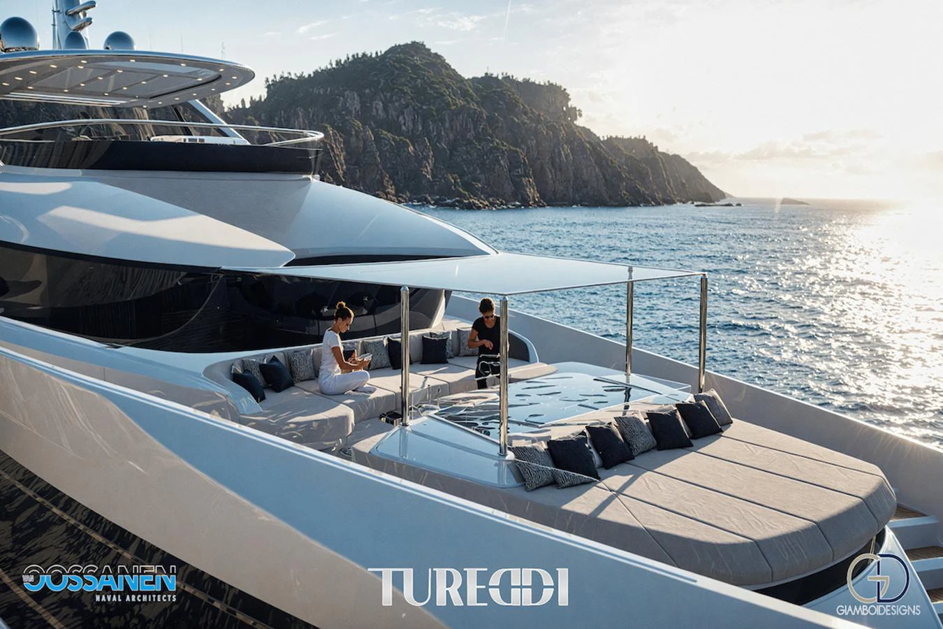 The yacht's sundeck offers a luxurious lounging area with stunning ocean views. aboard AZZURRA CUSTOM PLATFORM 36M Yacht for Sale