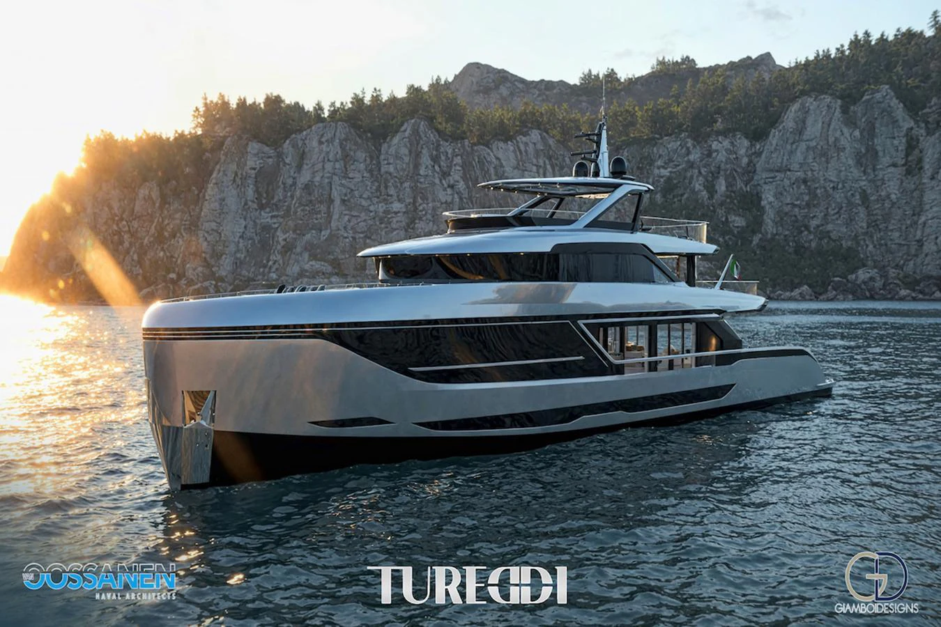 A sleek and modern yacht cruising near a rocky coastline at sunset. aboard AZZURRA CUSTOM PLATFORM 36M Yacht for Sale