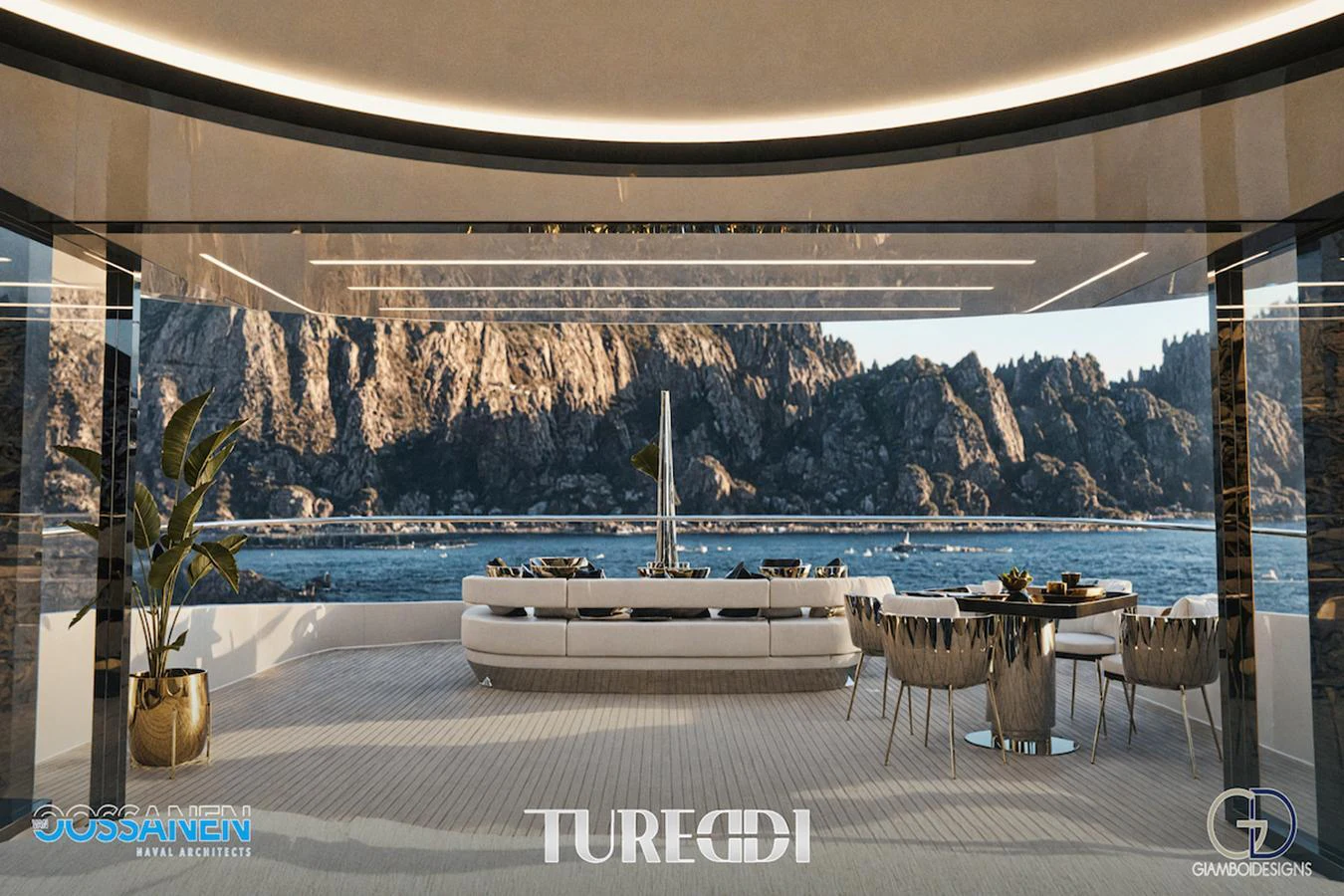 The spacious salon offers panoramic views with elegant furnishings and modern design. aboard AZZURRA CUSTOM PLATFORM 36M Yacht for Sale