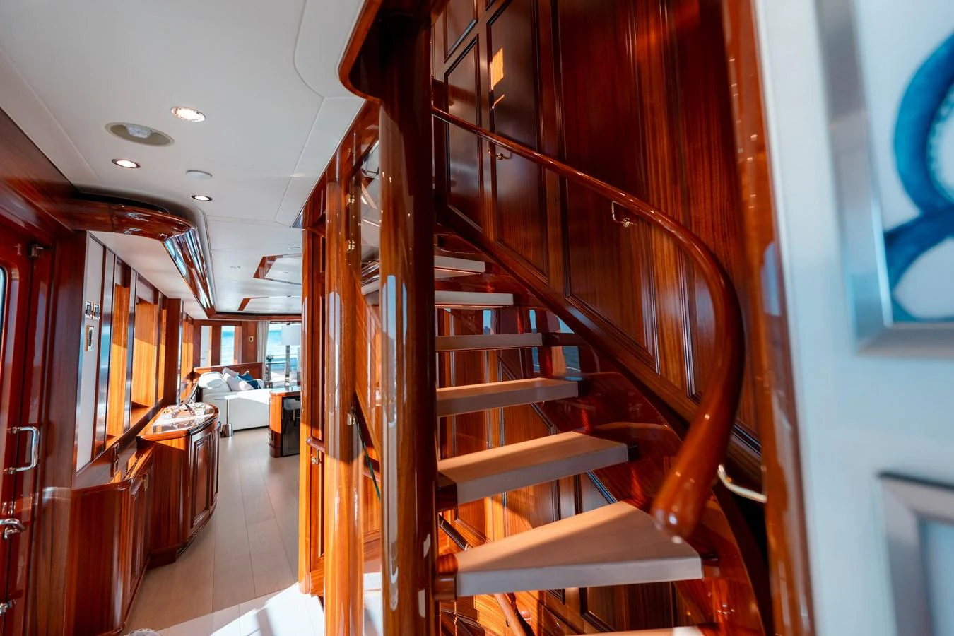 a room with wooden stairs aboard BLUE TIME Yacht for Sale