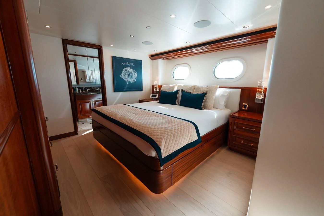 a bed in a room aboard BLUE TIME Yacht for Sale