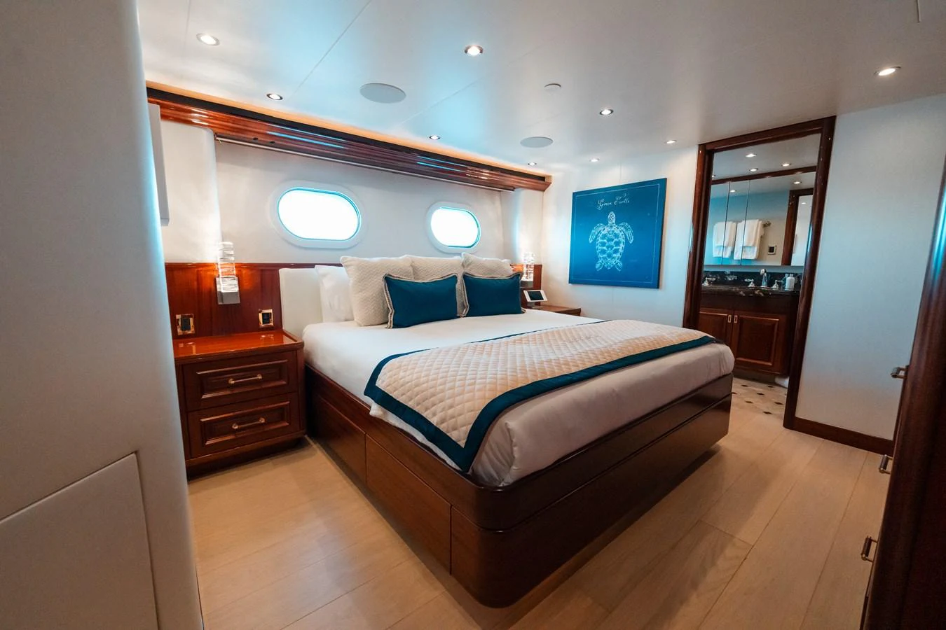 a bed in a room aboard BLUE TIME Yacht for Sale
