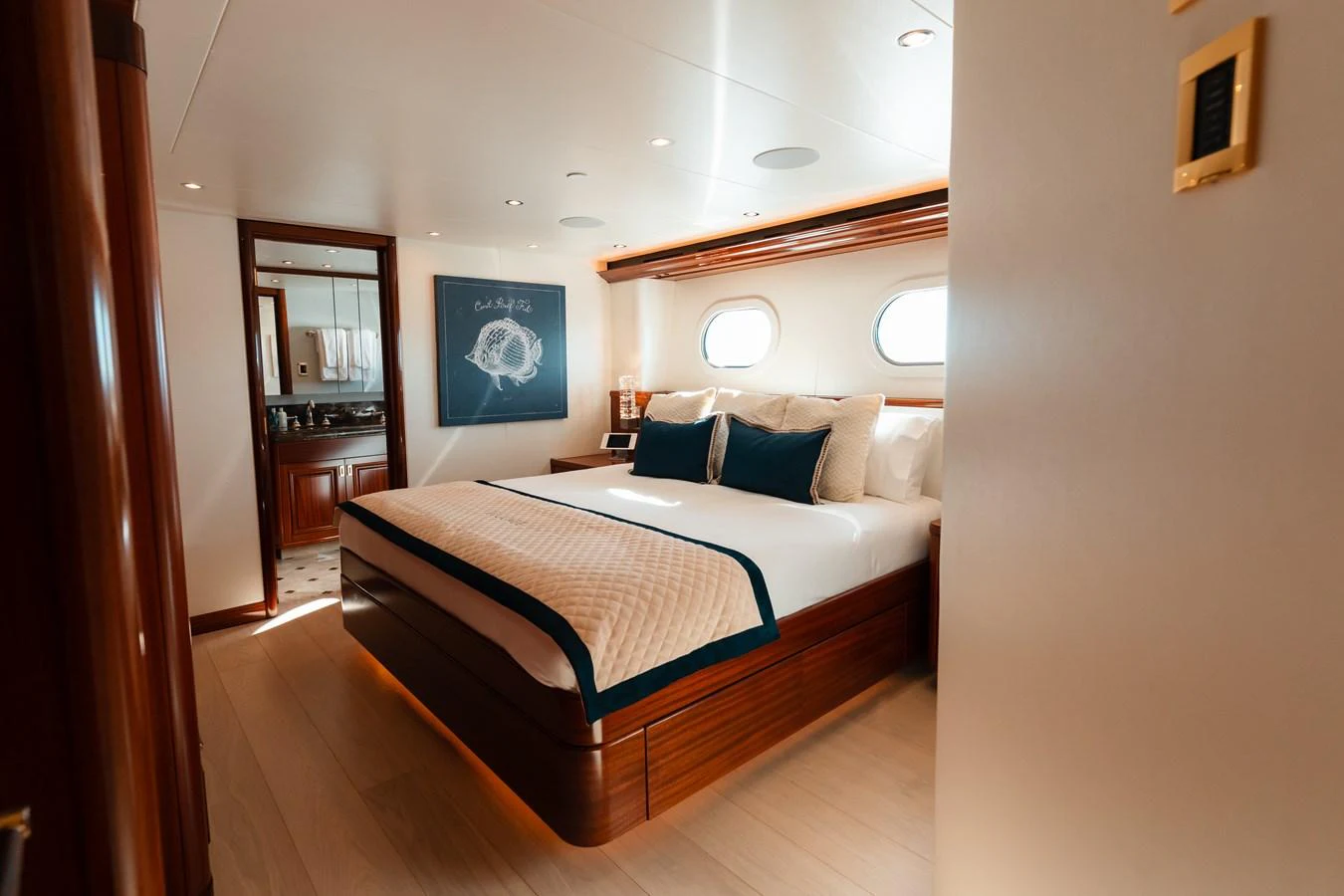 a bed in a room aboard BLUE TIME Yacht for Sale