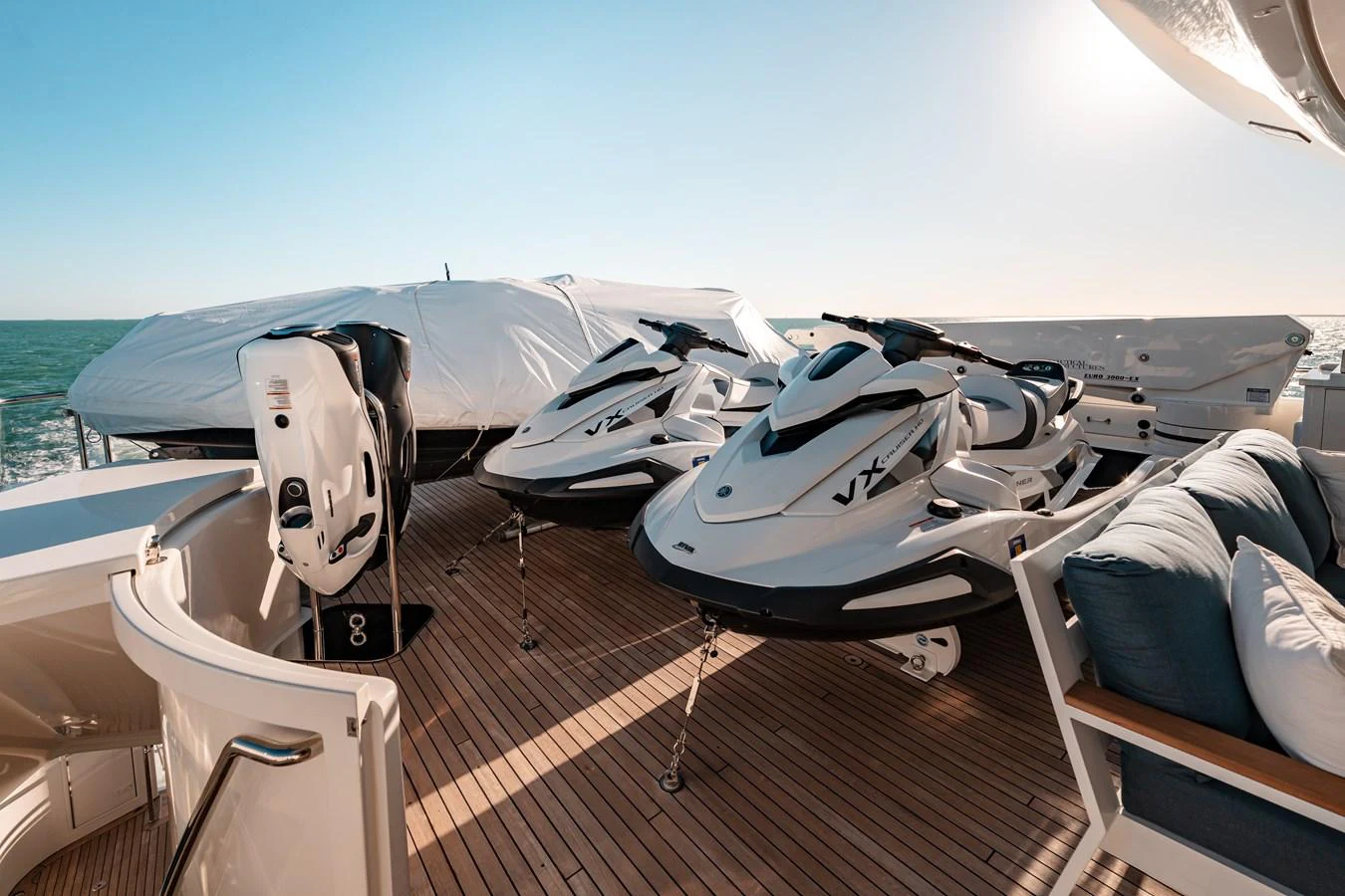 a boat with white surfboards on it aboard BLUE TIME Yacht for Sale