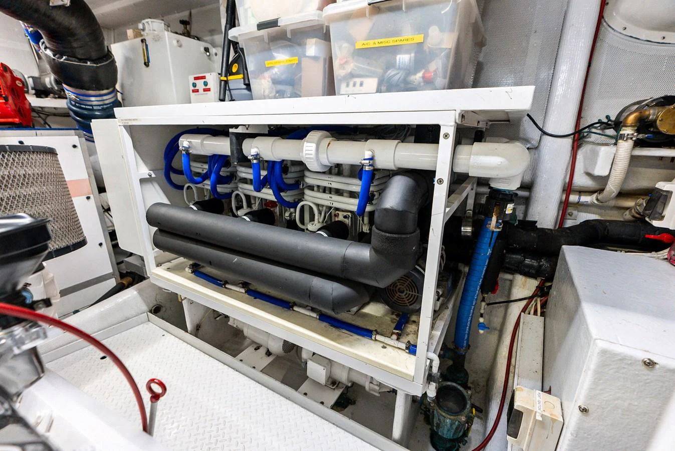 The image showcases the intricate machinery and piping within the yacht's engine room. aboard BRAVO ZULU Yacht for Sale