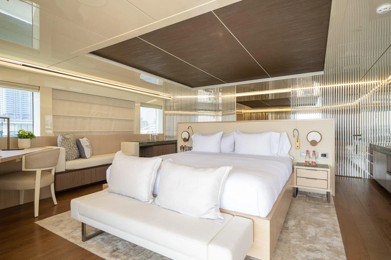 The master stateroom offers a luxurious and spacious retreat with elegant decor and modern amenities. aboard M/Y MASHA Yacht for Sale
