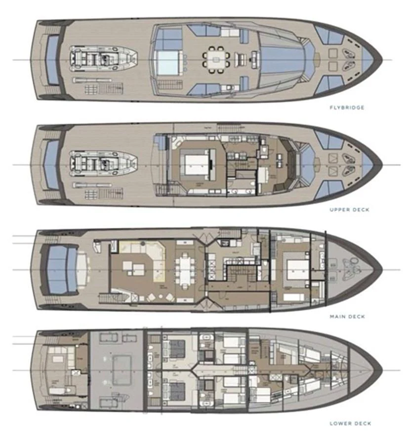 Detailed deck plans showcasing the layout of the yacht across four levels. aboard M/Y MASHA Yacht for Sale