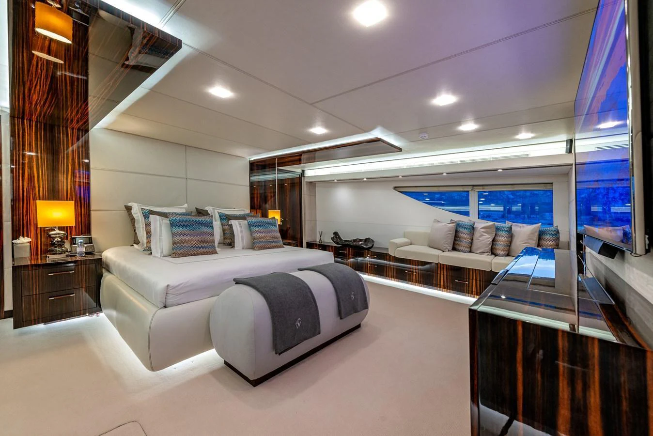 The master stateroom offers a luxurious and spacious retreat with modern furnishings and ambient lighting. aboard GEMS II Yacht for Sale
