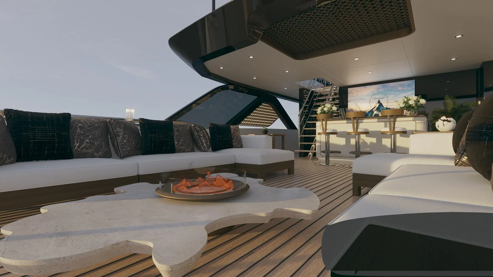 a modern living room with a large bed and a large sofa aboard BERING 165 EXPLORER YACHT Yacht for Sale