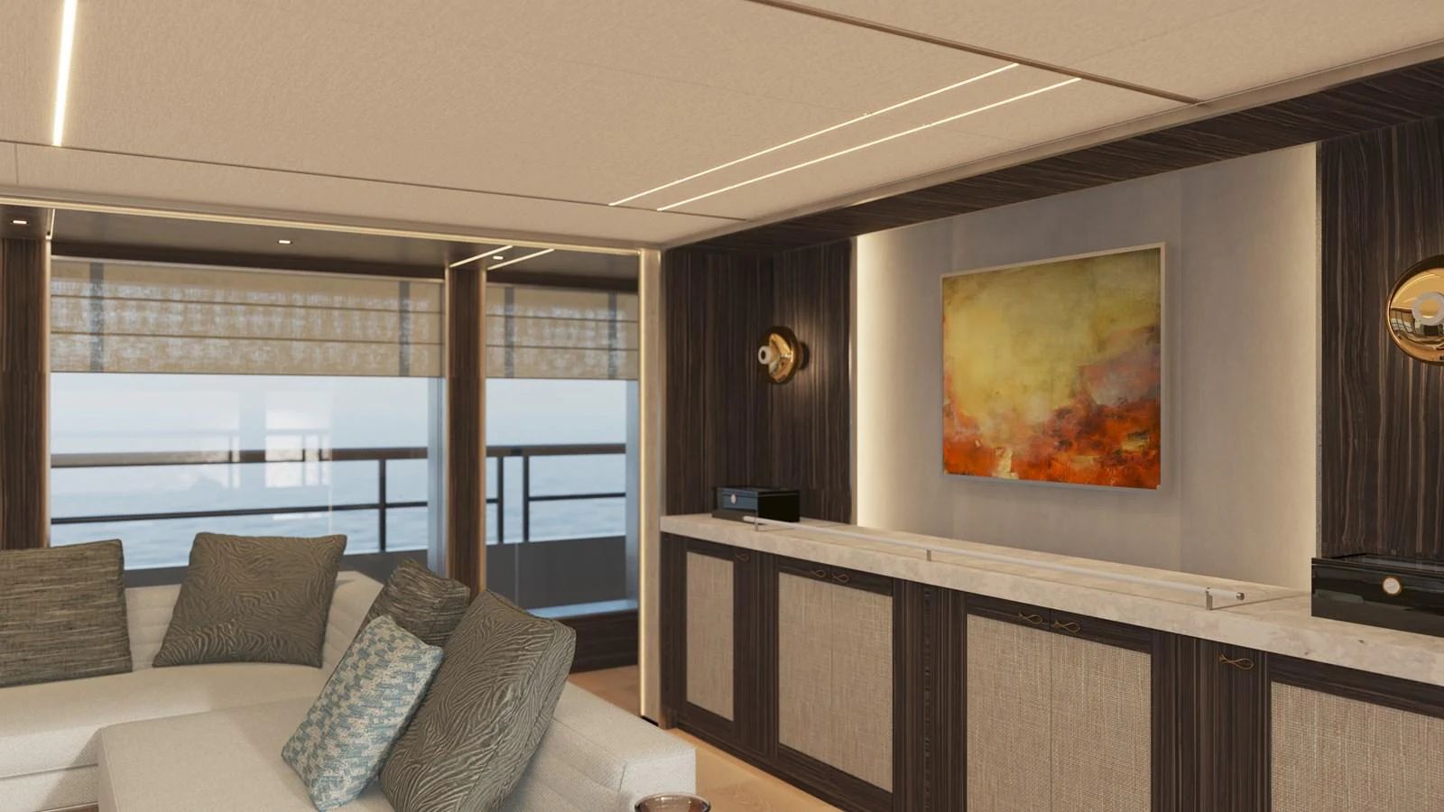 a living room with a large window aboard BERING 165 EXPLORER YACHT Yacht for Sale