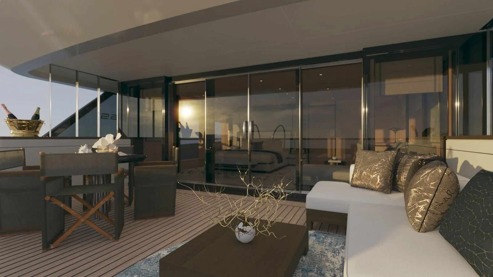a living room with a large glass wall aboard BERING 165 EXPLORER YACHT Yacht for Sale