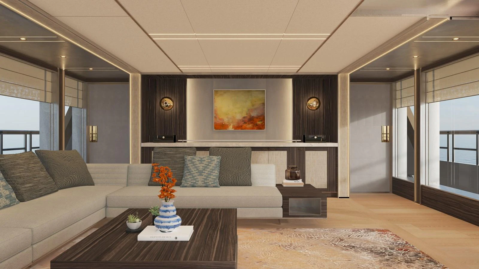 a living room with a couch and a coffee table aboard BERING 165 EXPLORER YACHT Yacht for Sale