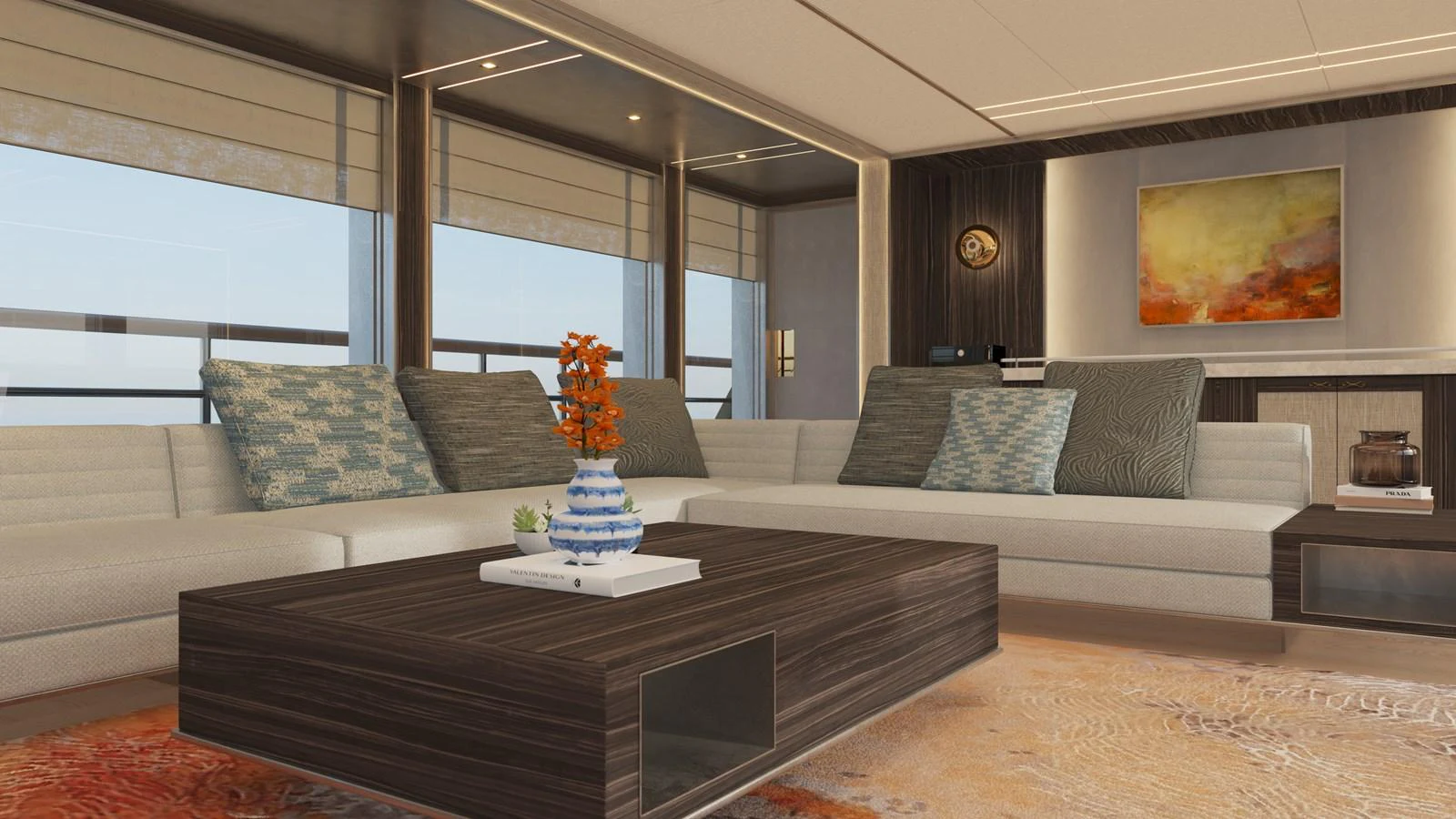 a living room with a large sofa and a coffee table aboard BERING 165 EXPLORER YACHT Yacht for Sale