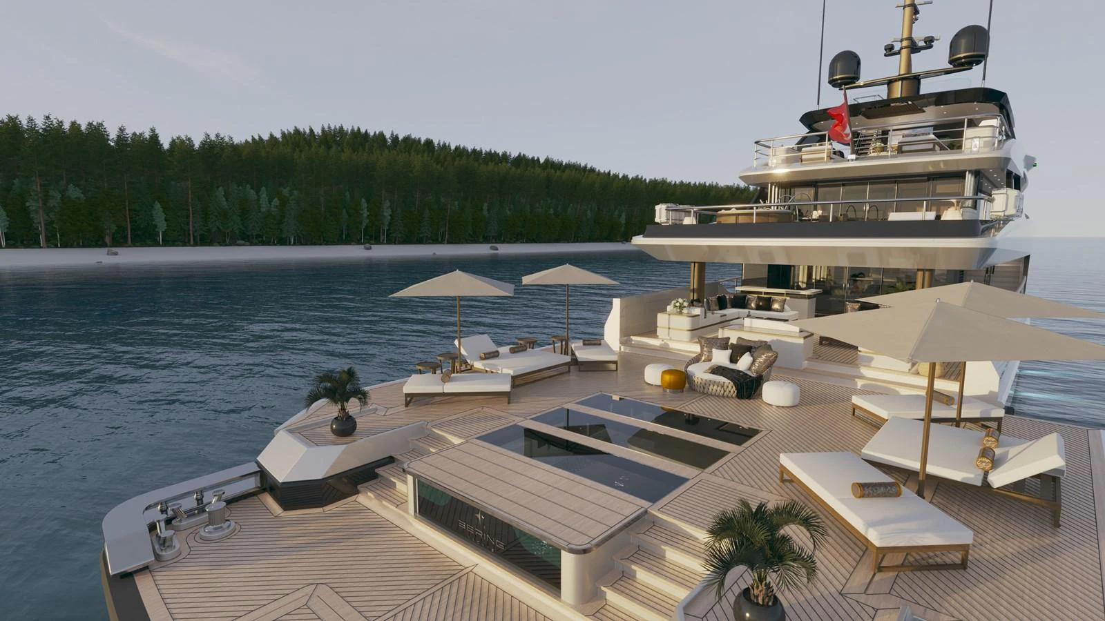 a deck with a boat and a dock with a dock and a large boat on it aboard BERING 165 EXPLORER YACHT Yacht for Sale
