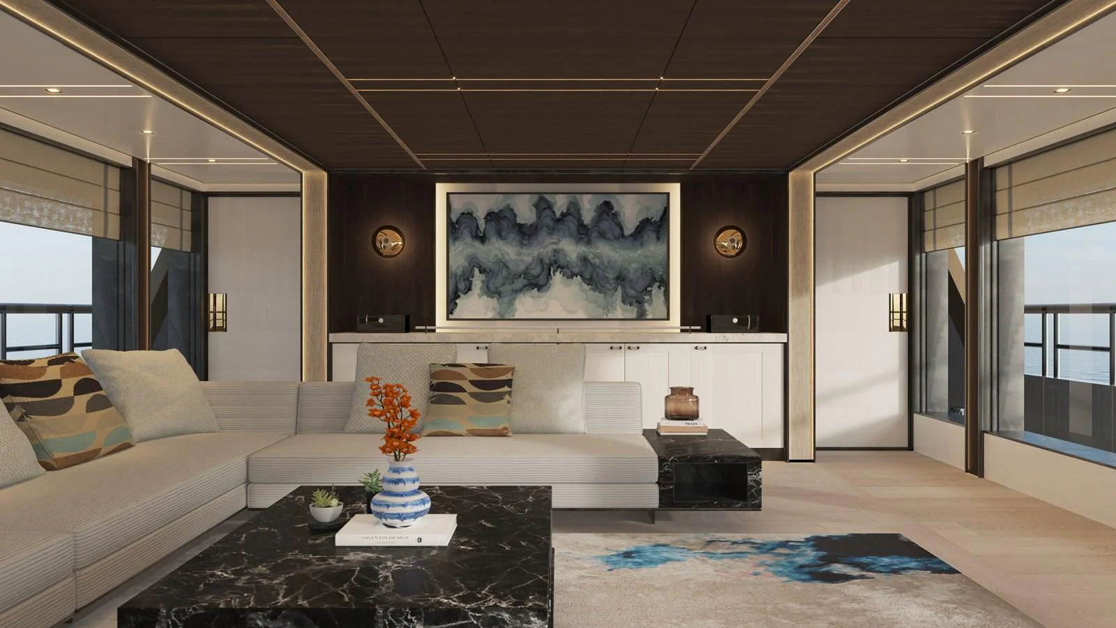 a living room with a large painting aboard BERING 165 EXPLORER YACHT Yacht for Sale