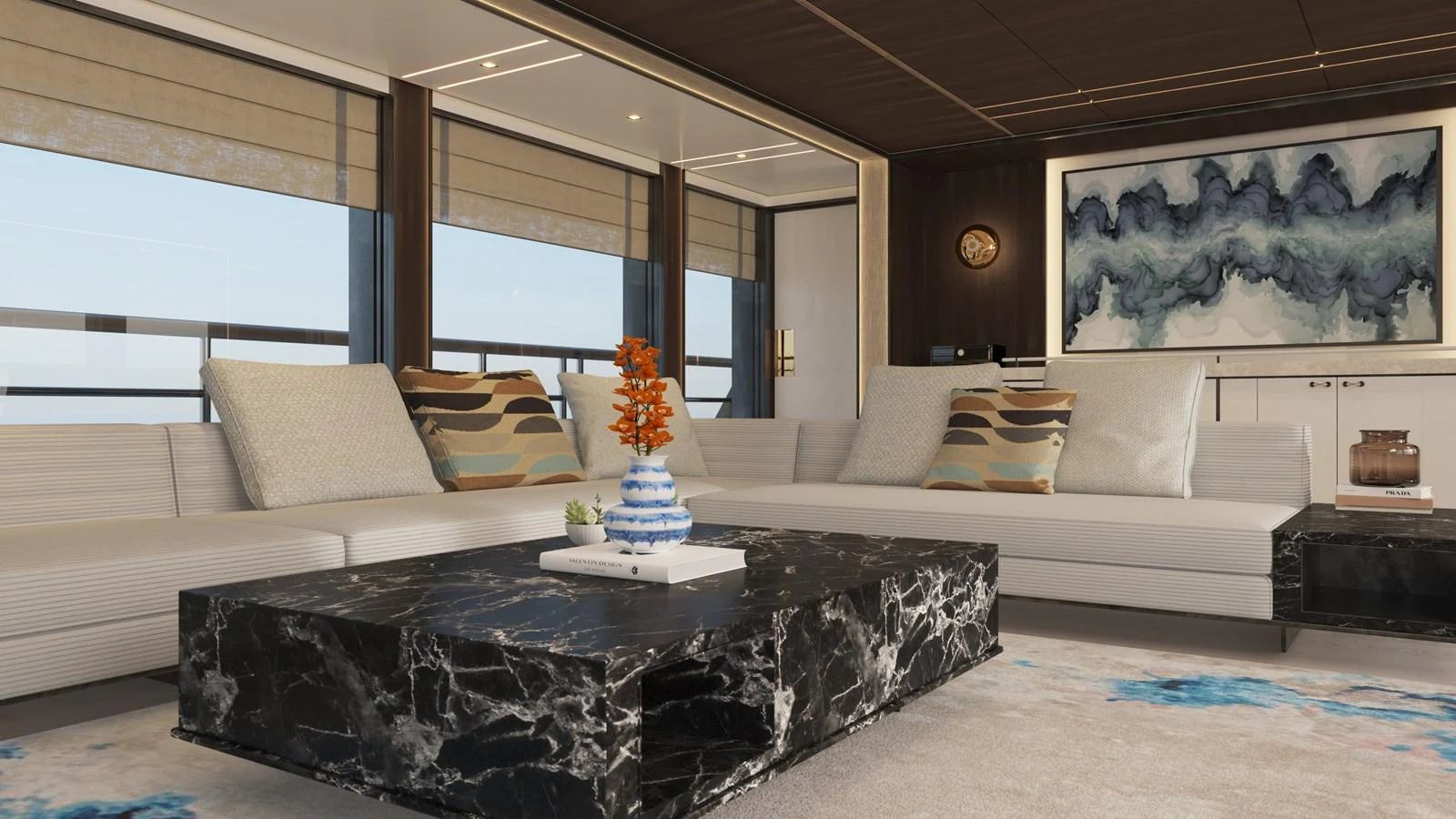 a living room with a large window aboard BERING 165 EXPLORER YACHT Yacht for Sale