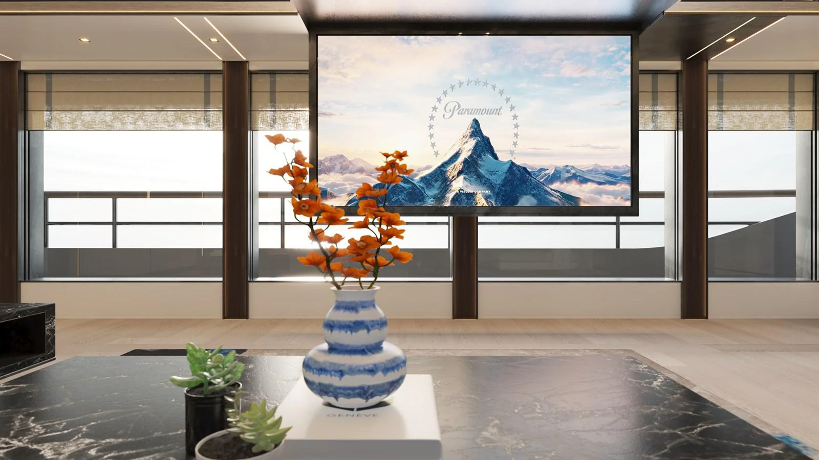 a glass vase with orange flowers in it in front of a window aboard BERING 165 EXPLORER YACHT Yacht for Sale