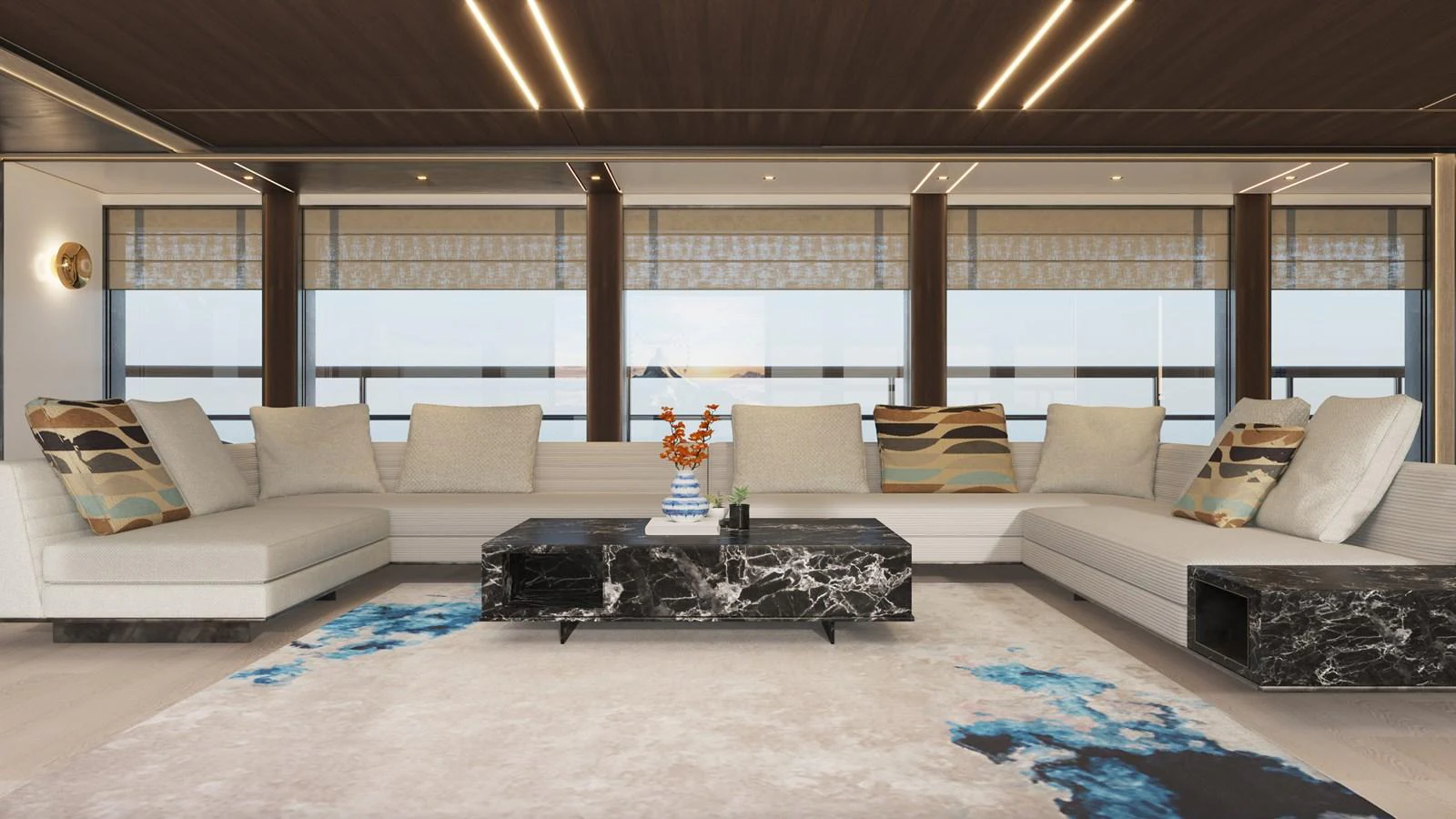 a living room with a large window aboard BERING 165 EXPLORER YACHT Yacht for Sale