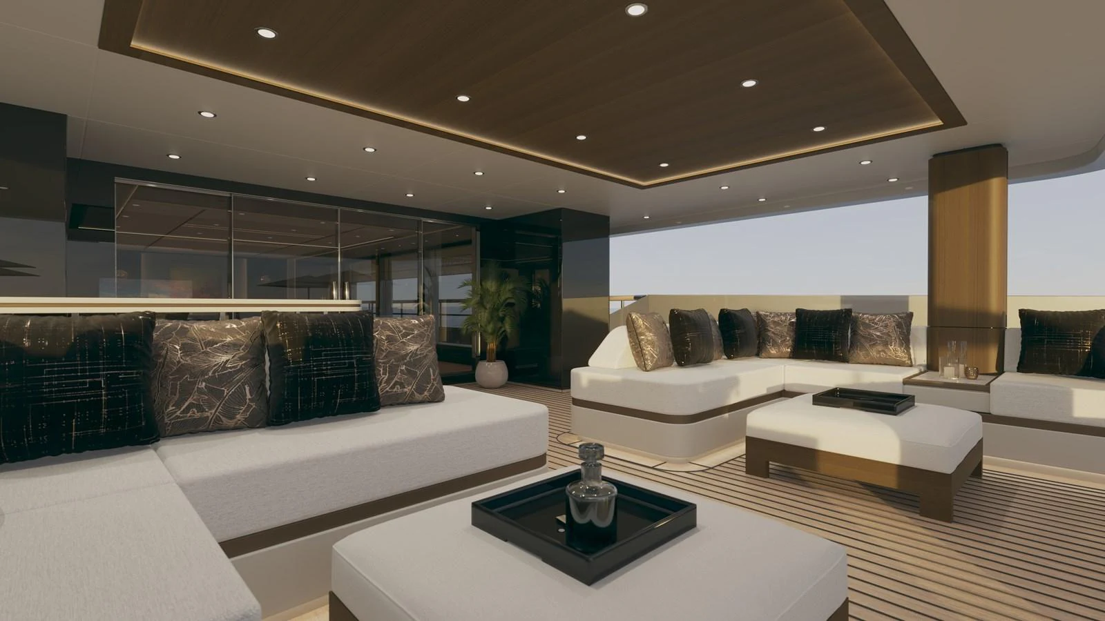 a modern living room with white couches and a large white coffee table aboard BERING 165 EXPLORER YACHT Yacht for Sale