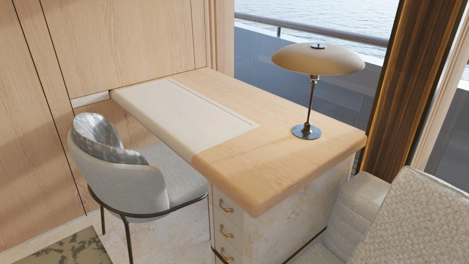 a white table and chair in a room aboard BERING 165 EXPLORER YACHT Yacht for Sale