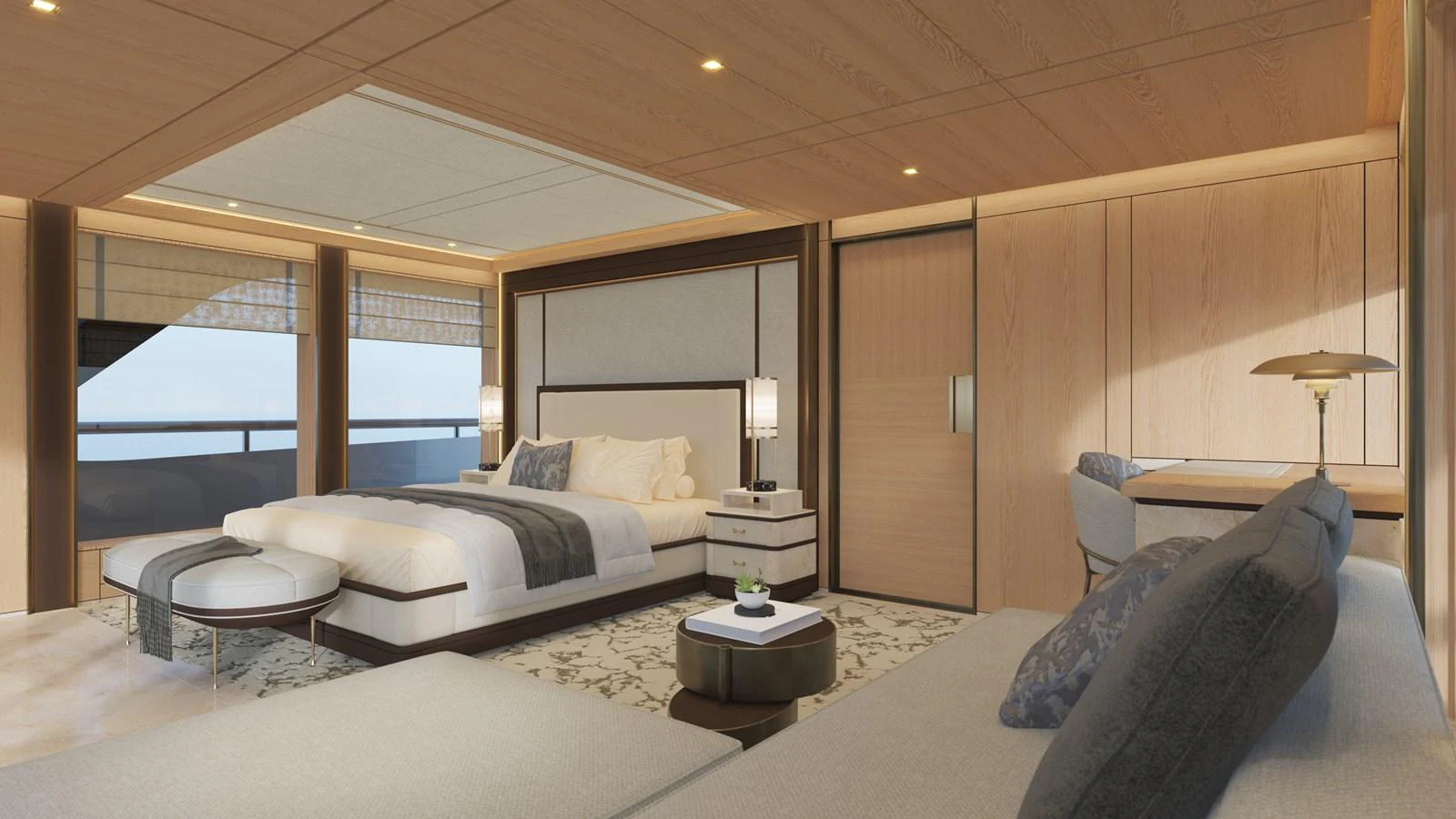 a room with a bed and a table aboard BERING 165 EXPLORER YACHT Yacht for Sale