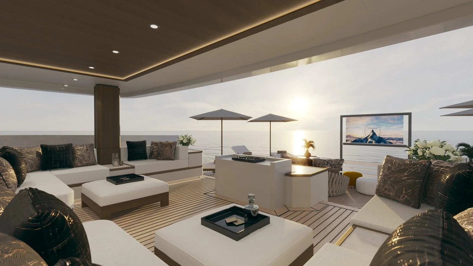 a living room with a large white sofa and a table with a glass table and a large umbrella aboard BERING 165 EXPLORER YACHT Yacht for Sale